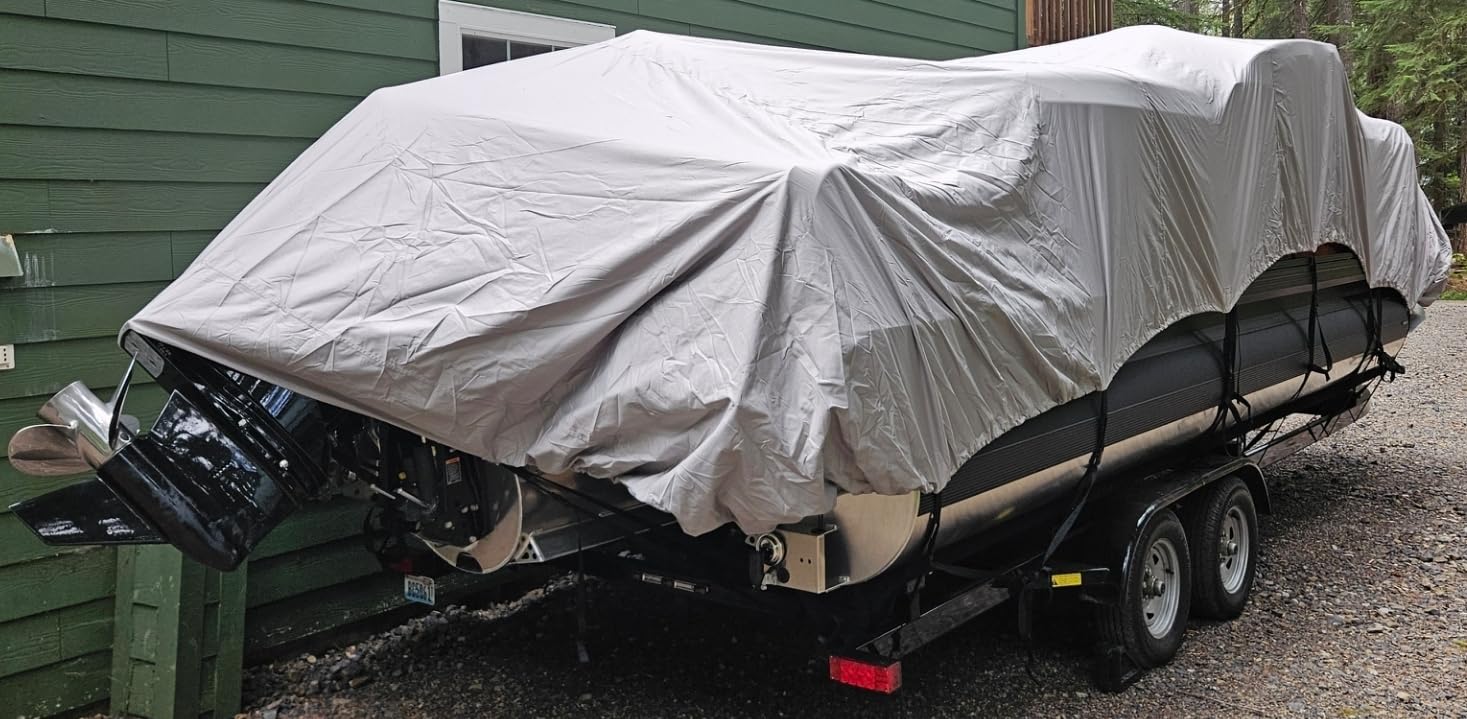 Solim Trailerable 1200D PU Heavy Duty Pontoon Boat Cover, 22-24ft Waterproof Marine Grade Oxford UV Resistant Polyester Canvas Cover, Boat Cover for Pontoon with Adjustable 18 Tie Down Straps, Gray customer photo 2