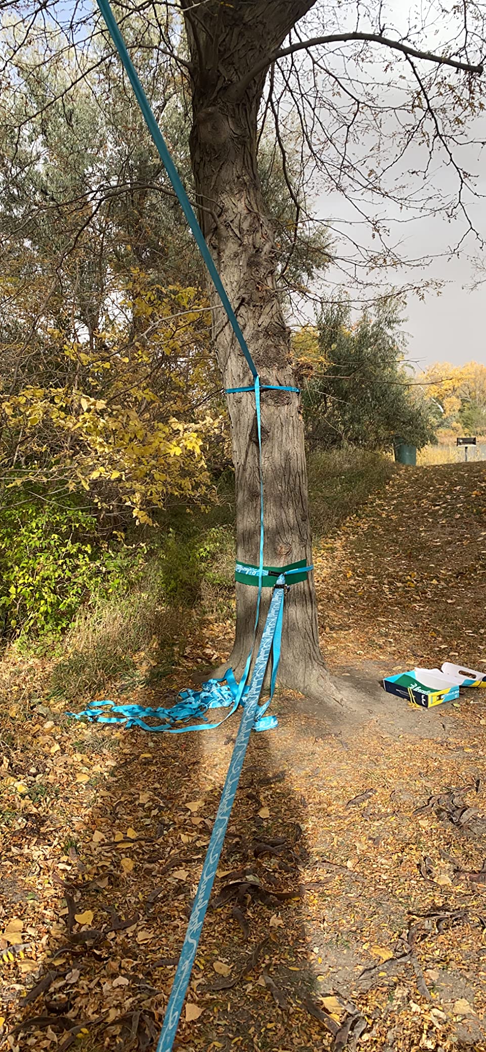 Barefoot Slackline Kit 60ft (18m) Complete Set Including, Ratchet, Training Line, Bark Protectors & Instructions! Designed for Both Kids & Adults - 3 Colors Available (Azure Blue) customer photo 1