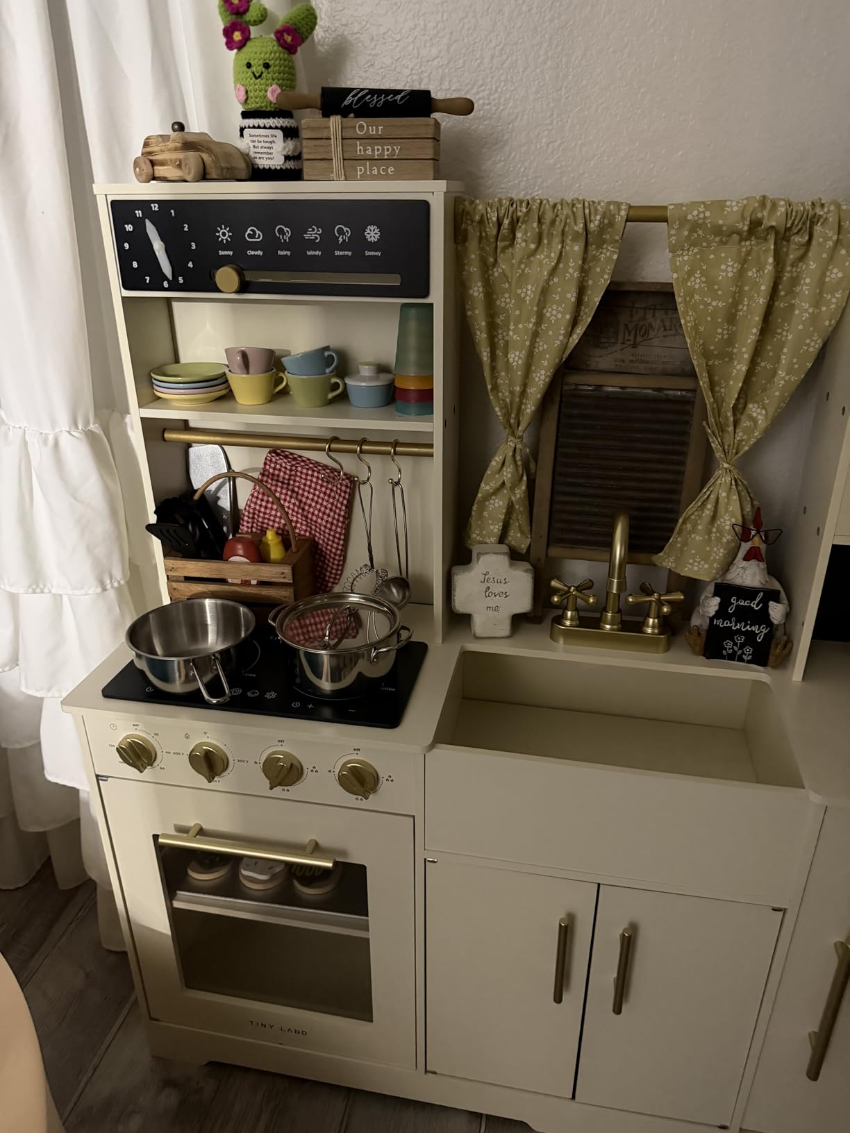 Tiny Land Play Kitchen for Kids, Toy Kitchen Set with Plenty of Play Features, New Modern Kids Wooden Play Kitchen Designed in Trendy Home Style with Curtains, Gift for Ages 3+ customer photo 2