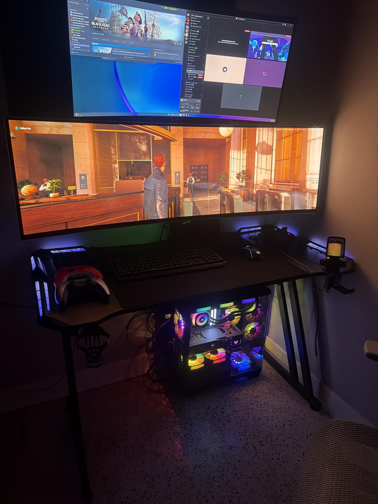 HLDIRECT 63 Inch Gaming Desk with LED Lights, Large RGB Computer Gaming Desk Table with Cup Holder Headphone Hook Mouse Pad, Ergonomic Modern Carbon Fiber Mesa Gamer Pc Work Home Office Desks, Black customer photo 1