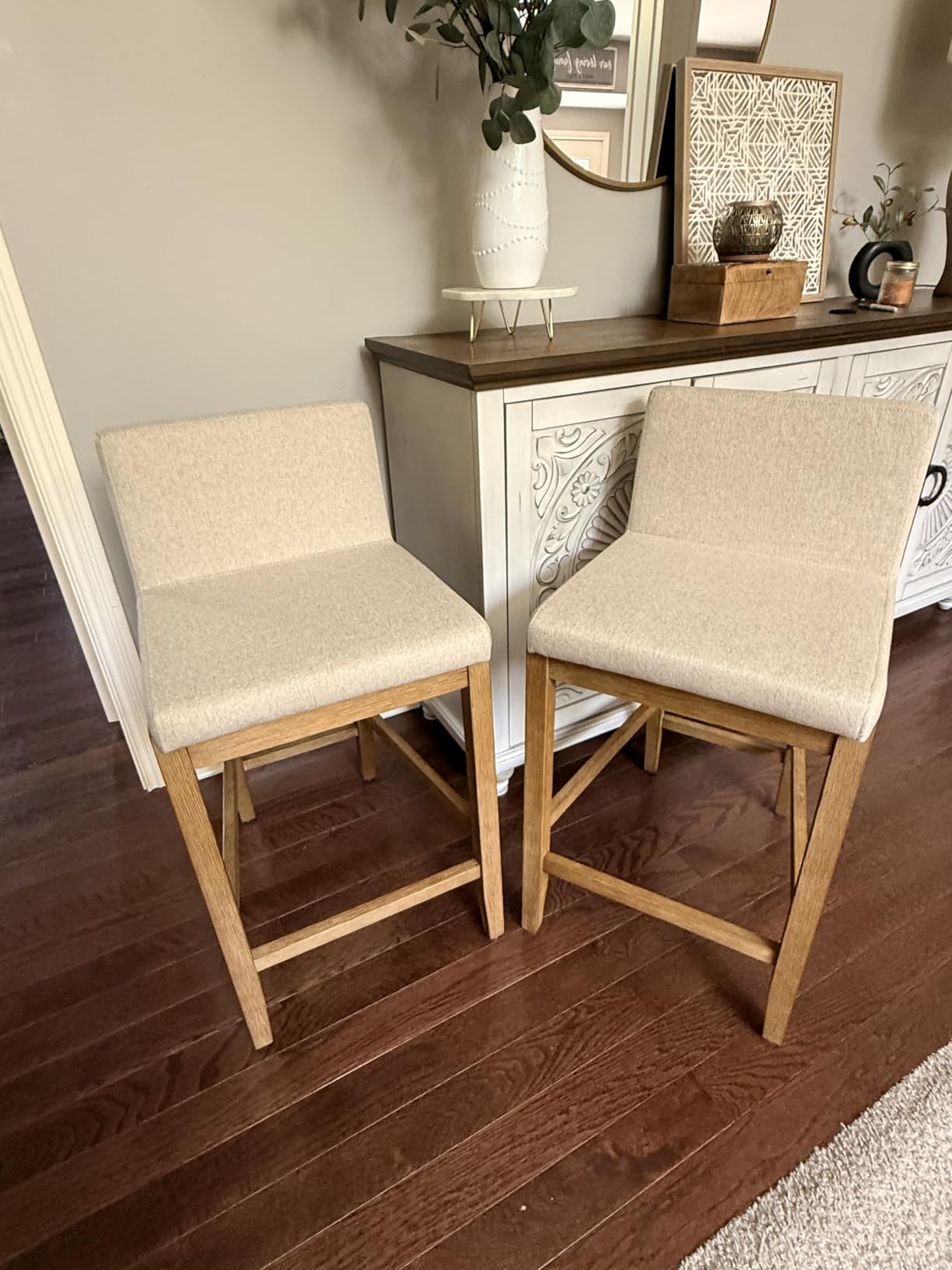 Nathan James Gracie Modern Counter Height Bar Stool with Back, Counter Stool Upholstered Chair with Natural Flax White Fabric and Brushed Wooden Legs, Natural Flax/Brown, Set of 2 customer photo 1