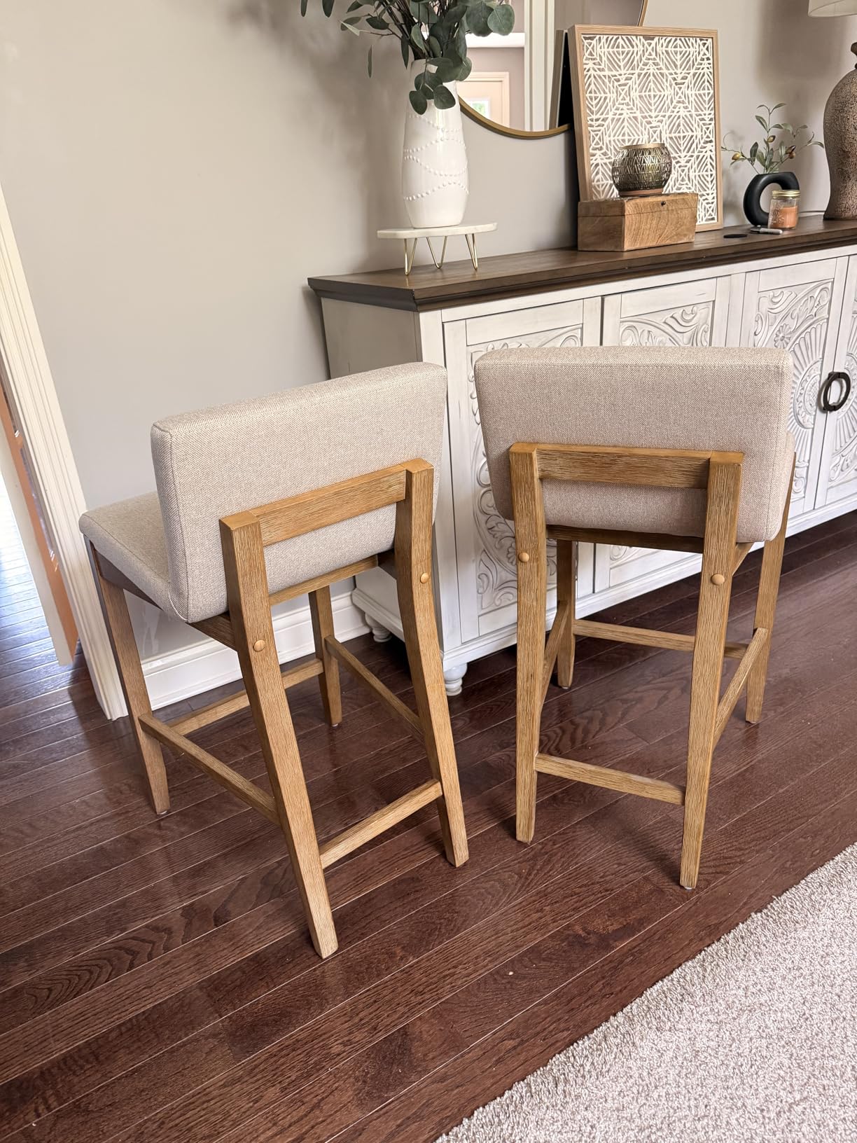 Nathan James Gracie Modern Counter Height Bar Stool with Back, Counter Stool Upholstered Chair with Natural Flax White Fabric and Brushed Wooden Legs, Natural Flax/Brown, Set of 2 customer photo 2