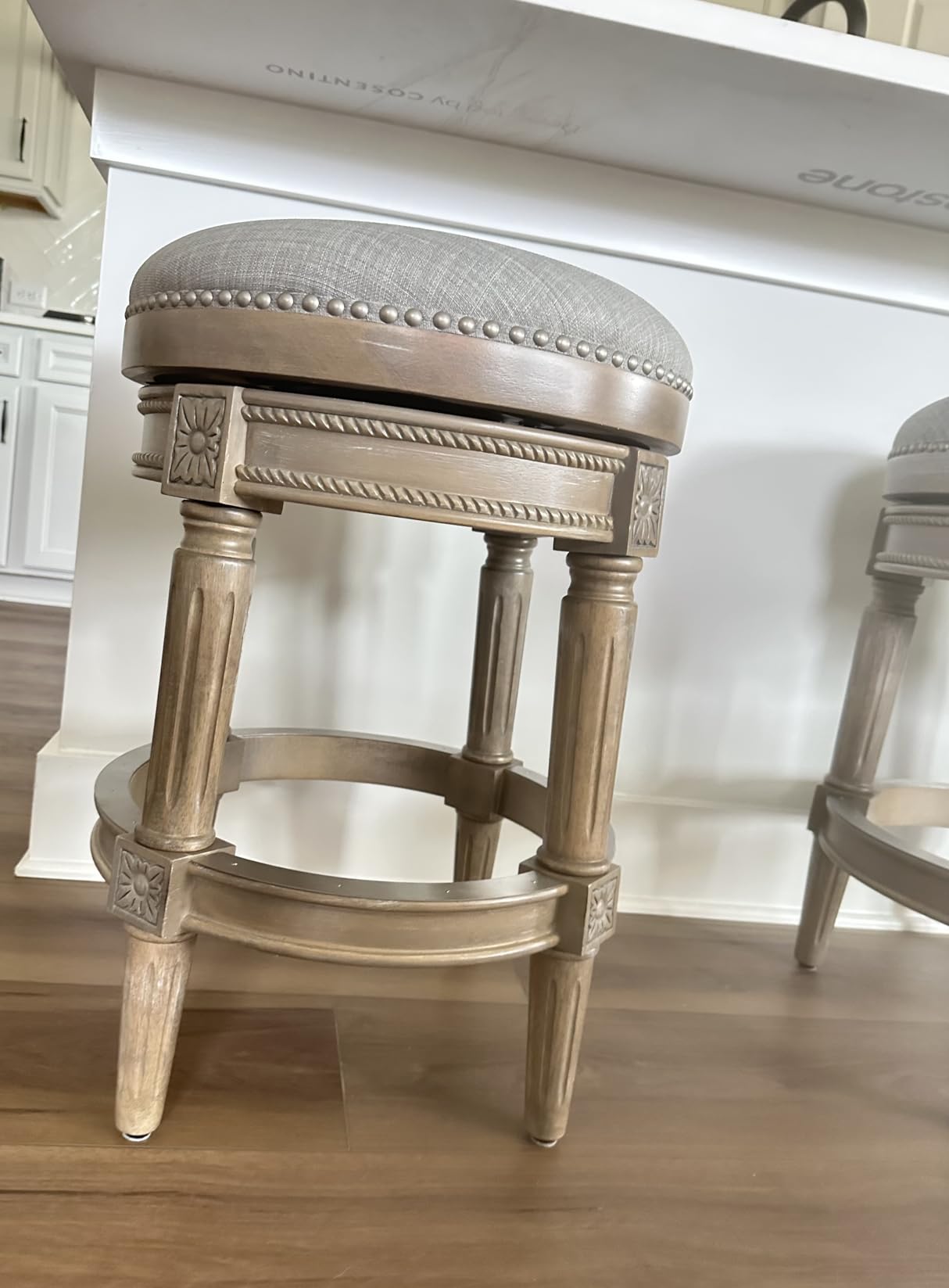 Maven Lane Pullman 26 Inch Tall Backless White Oak Finish Counter Height Upholstered Barstool with Natural Color Fabric Cushion Seat customer photo 1