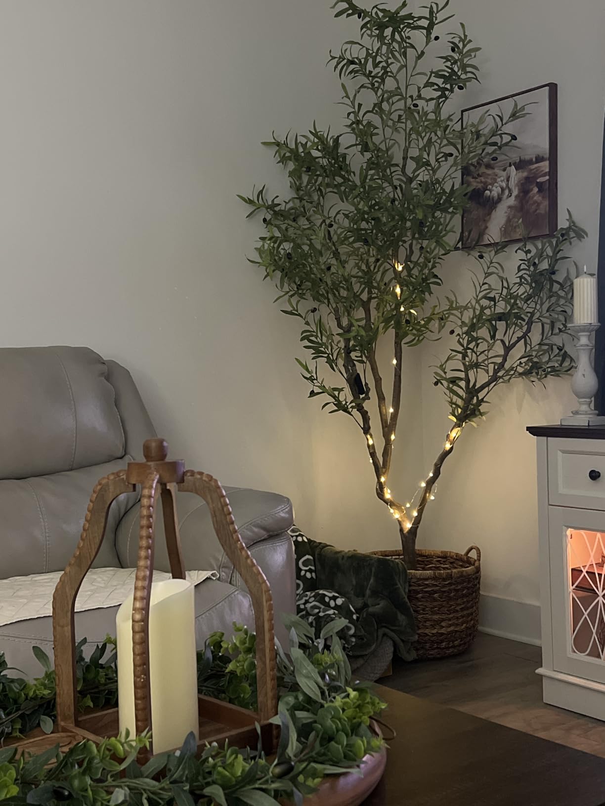 FEELEAD 7ft Faux Olive Tree - Fake Potted Olive Silk Tree with Planter Natural Olive Branches and Realistic Leaves Artificial Tree for Home House Office Decor Indoor customer photo 1