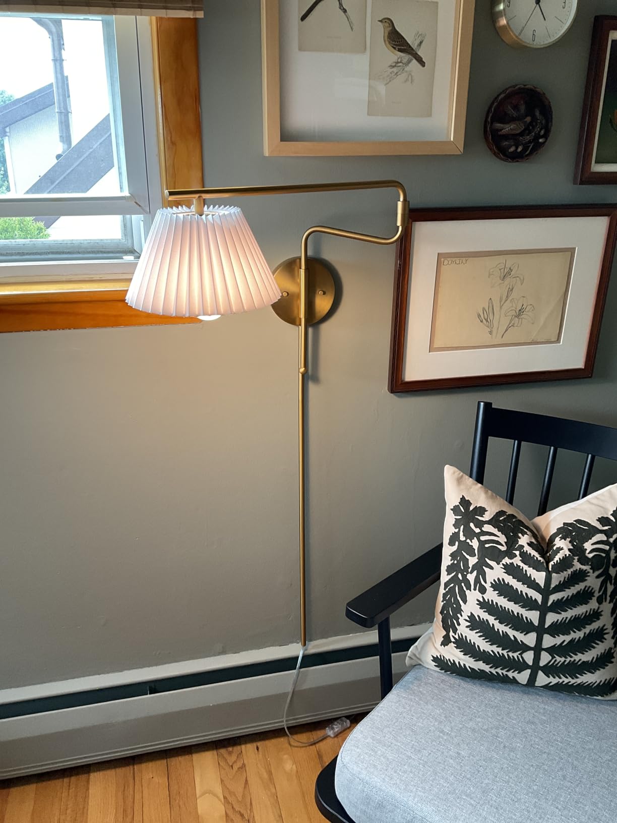 Nathan James Millie Plug-in Wall Sconce, Wall Mounted Bedside Reading Lamp with Cotton Shade and Brass Back Plate customer photo 2