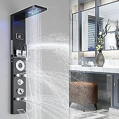 RUMOSE Matte Black Shower Panel Tower System, 5-Function Shower Faucet Set LED Light Rainfall Shower Head Digital Display with Massage Jets Tub Spout Shower Shelves, Stainless Steel, Wall Mount customer photo 1