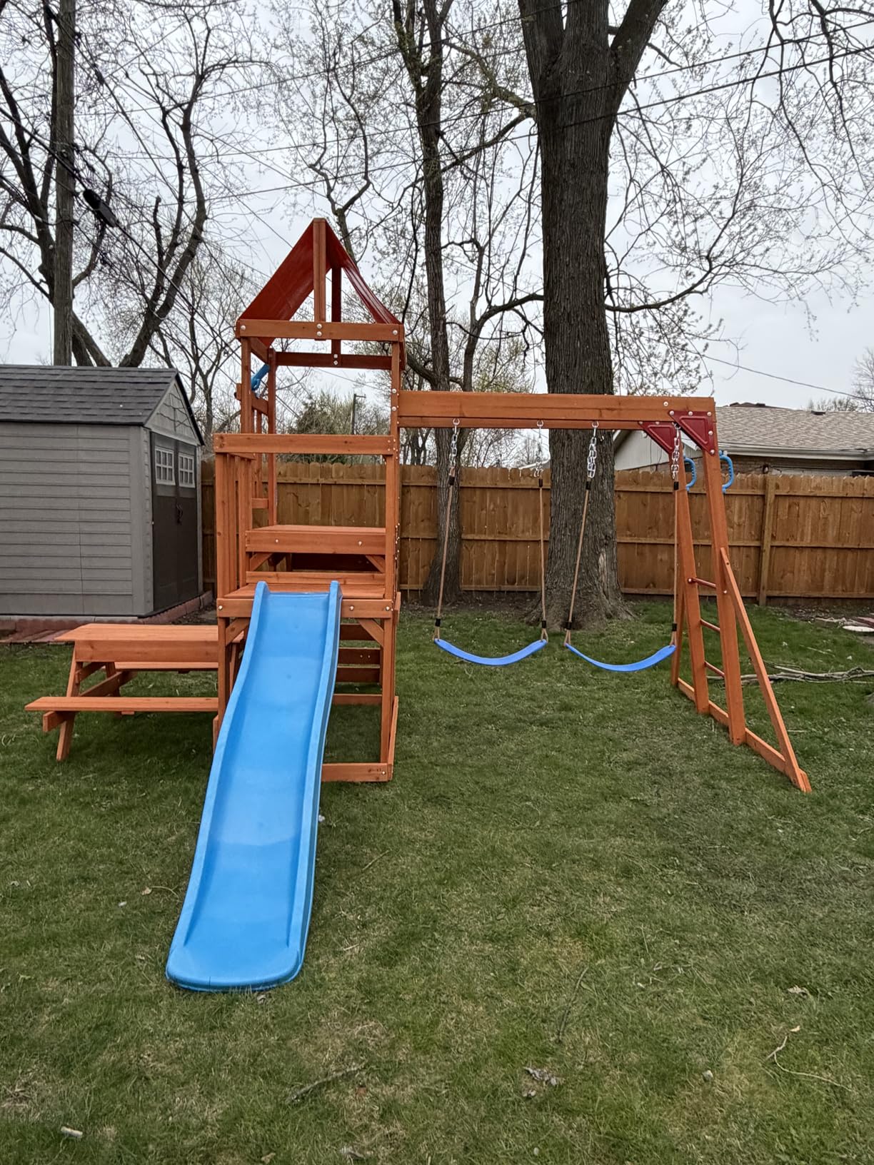 Dolphin Playground Cedar Wooden Swing Sets, Outdoor Playset with Monkey Bar, Heavy Duty Backyard Playset for Kids 3-10, 2-in-1 Picnic Table, 6FT Wave Slide, Climbing Wall, Belt Swings customer photo 1