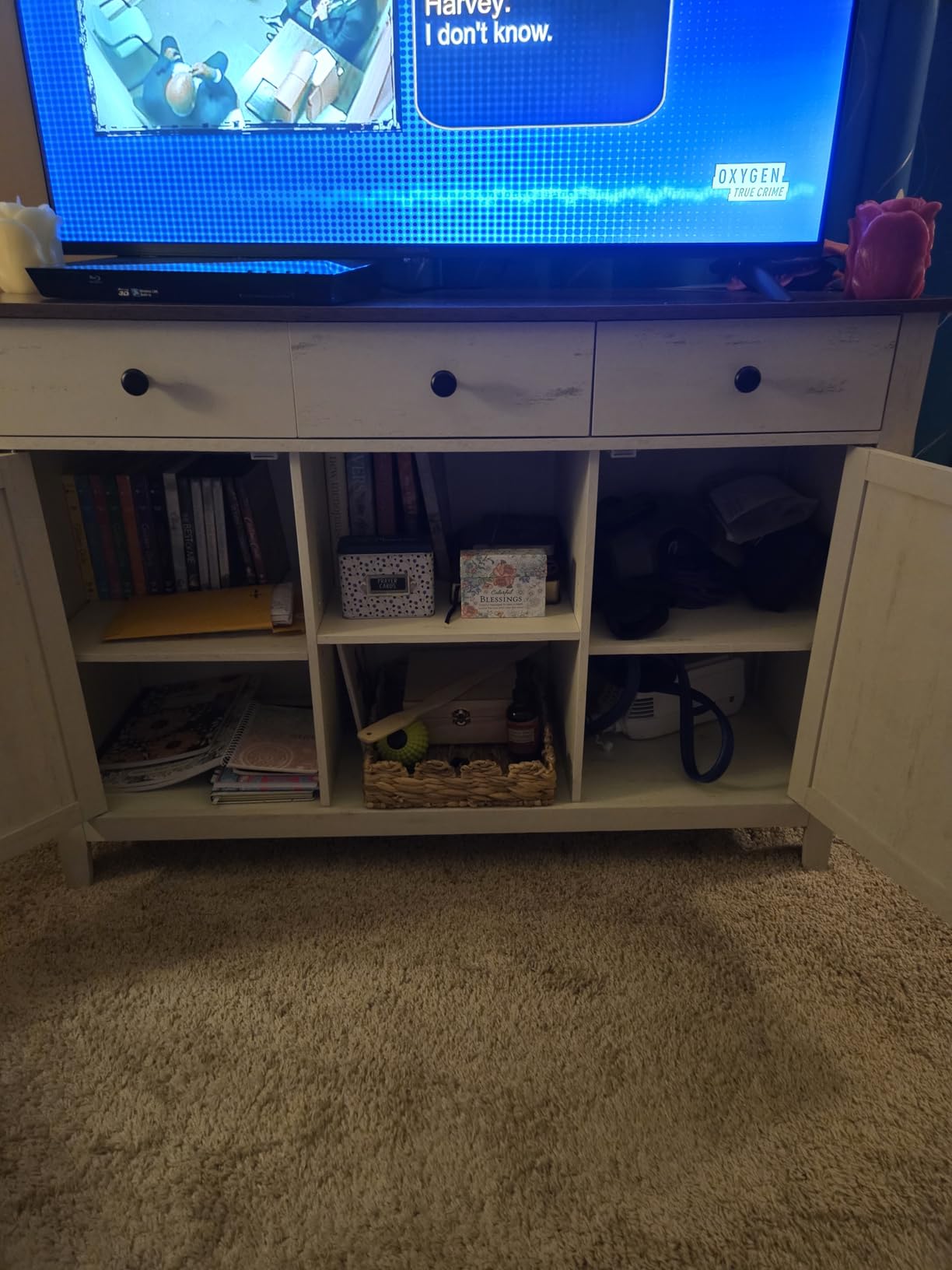 VASAGLE LIRY Collection - Buffet Cabinet, Coffee Bar Cabinet with a Drawer, Adjustable Shelf, Sideboard Storage with Cable Hole, Drawer Divider, Rustic White and Honey Brown UBBK341W01 customer photo 2