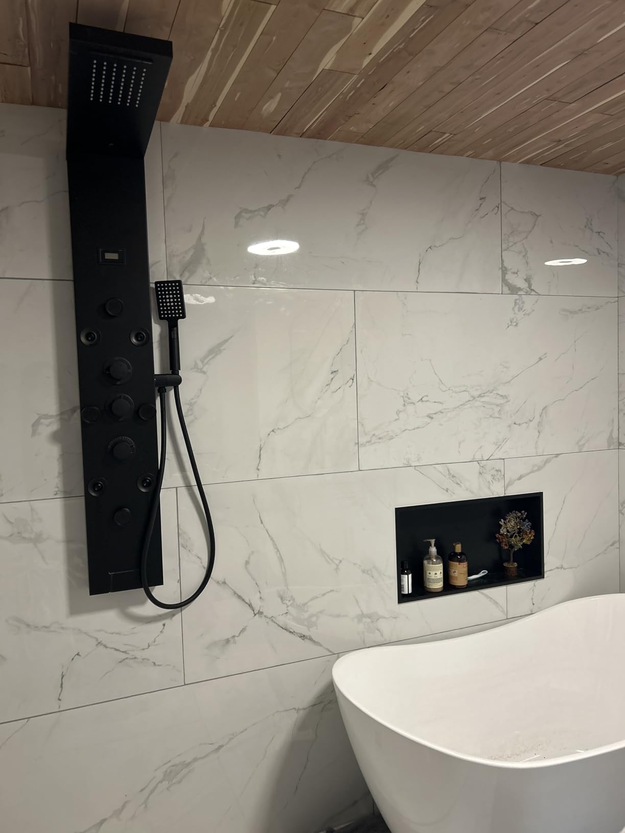 Stainless Steel Shower Panel Tower System Rain Massage System 6 IN 1 Body Spray Jets Shower Wall Panels Rainfall Waterfall Shower Head Tub Spout with Temperature Display, Matte Black customer photo 1
