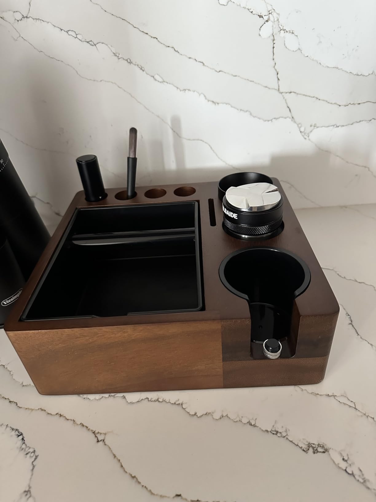 Espresso Tamping Station and Knock Box, Wooden Portafilter Holder, Espresso Organizer Station Box, Tamping Station Fit for Storage 51/54/58mm Coffee Accessories, Multifunctional Tamper Station customer photo 1