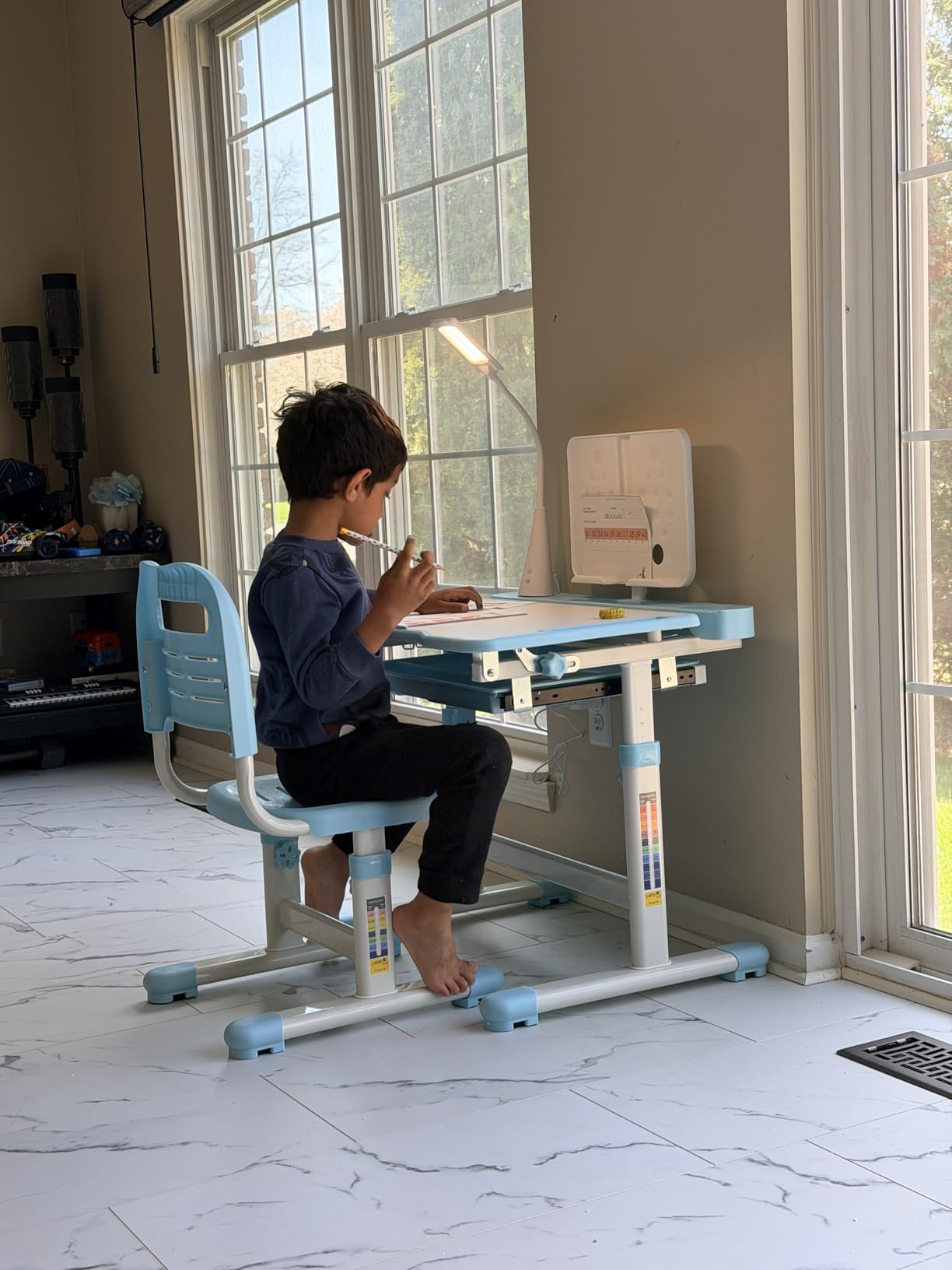 Rengue Kids Desk and Chair Set, Height Adjustable Children School Functional Study Desk with 55 Degree Tiltable Desktop, 3 Modes & Brightness LED Light, Storage Drawer & Metal Hook for Boys Girls (Blue) customer photo 1
