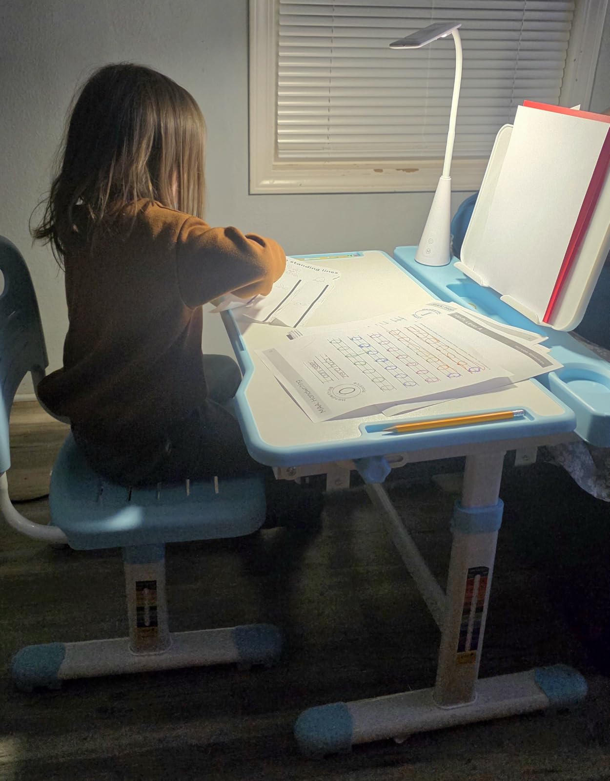 Rengue Kids Desk and Chair Set, Height Adjustable Children School Functional Study Desk with 55 Degree Tiltable Desktop, 3 Modes & Brightness LED Light, Storage Drawer & Metal Hook for Boys Girls (Blue) customer photo 2