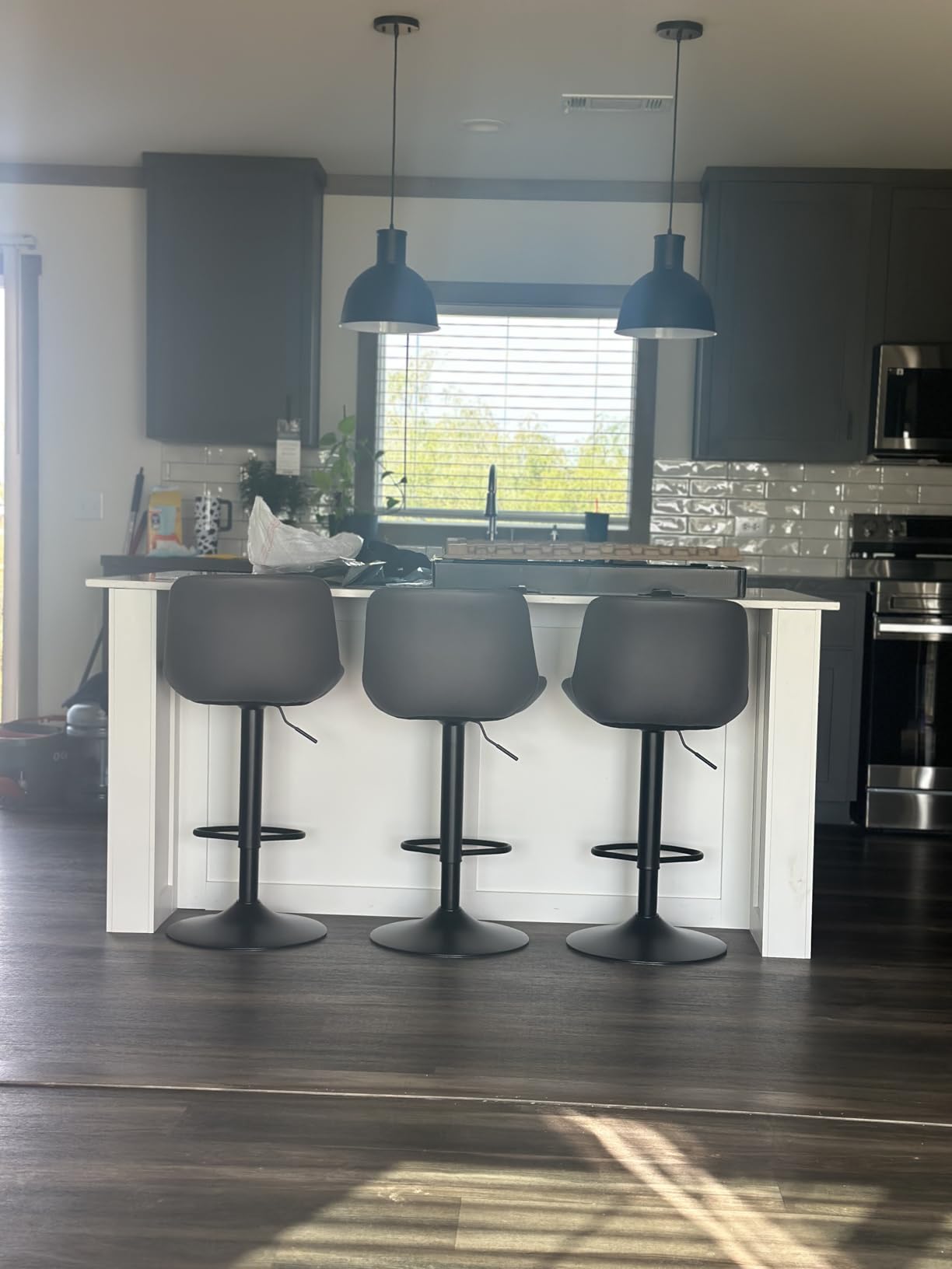 Youhauchair Bar Stools Set of 3, Swivel Counter Height Barstools with Back, Adjustable PU Leather Bar Chairs, Modern Armless Kitchen Island Stool, Black customer photo 1
