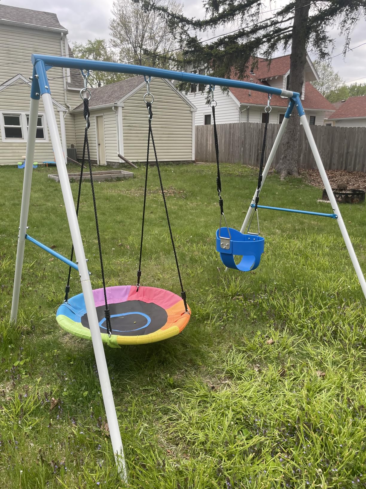 Trekassy Swing Sets for Backyard, 440lbs Heavy Duty A-Frame Metal Swing Stand with 1 Saucer Swing and 1 Toddler Swing Outdoor Kids Play Equipment for Playground Playset (Patented) customer photo 1