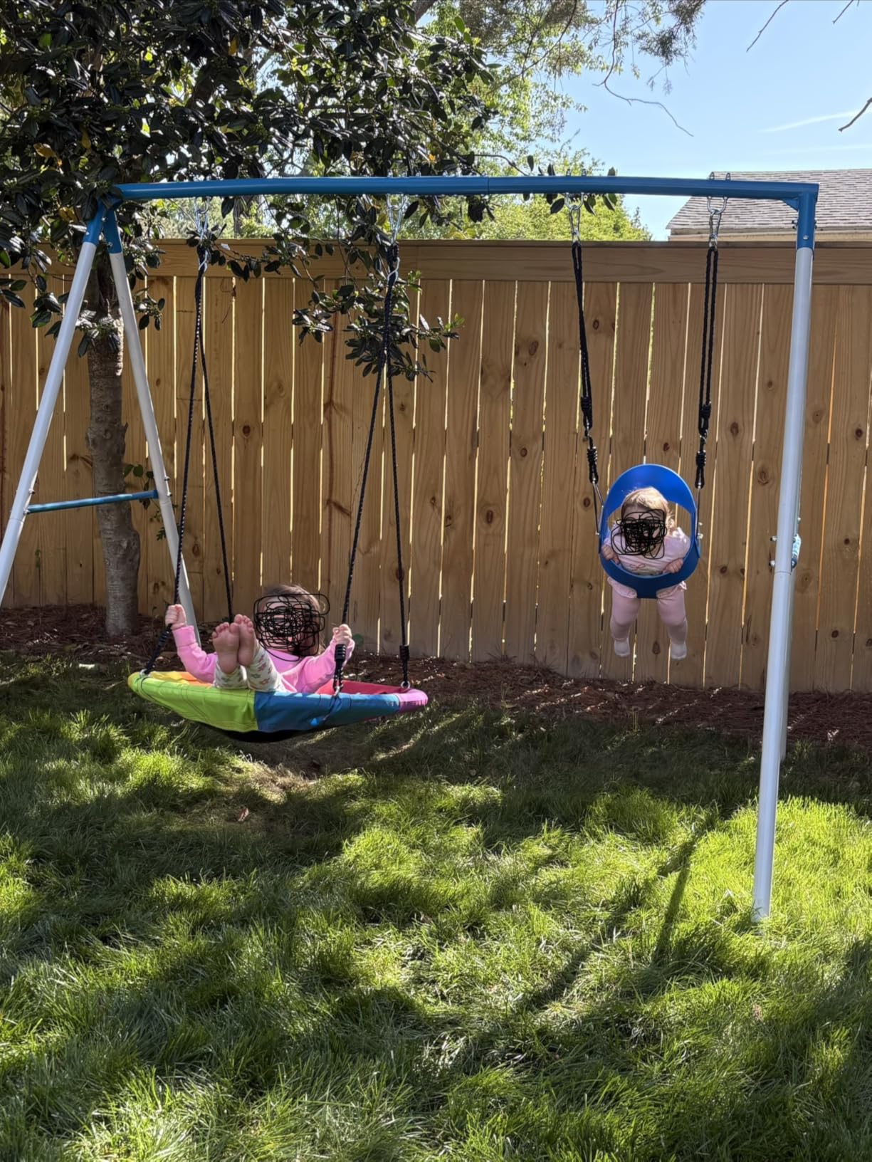 Trekassy Swing Sets for Backyard, 440lbs Heavy Duty A-Frame Metal Swing Stand with 1 Saucer Swing and 1 Toddler Swing Outdoor Kids Play Equipment for Playground Playset (Patented) customer photo 2