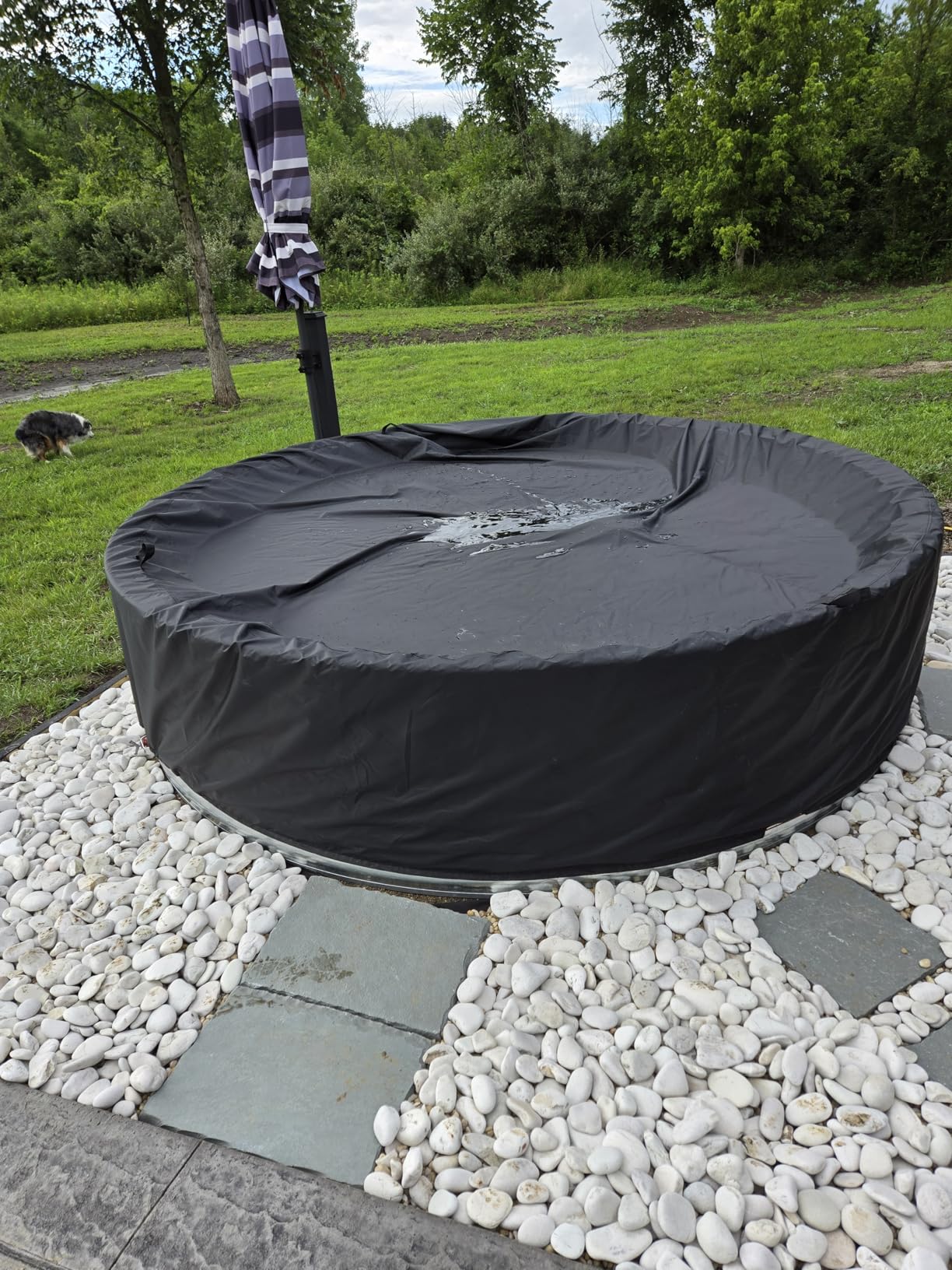 8 Ft Steel Round Stock Tank Pool Cover - Upgraded to Full Coverage, Wire Rope & Winch Design Increase Stability - Blue customer photo 1
