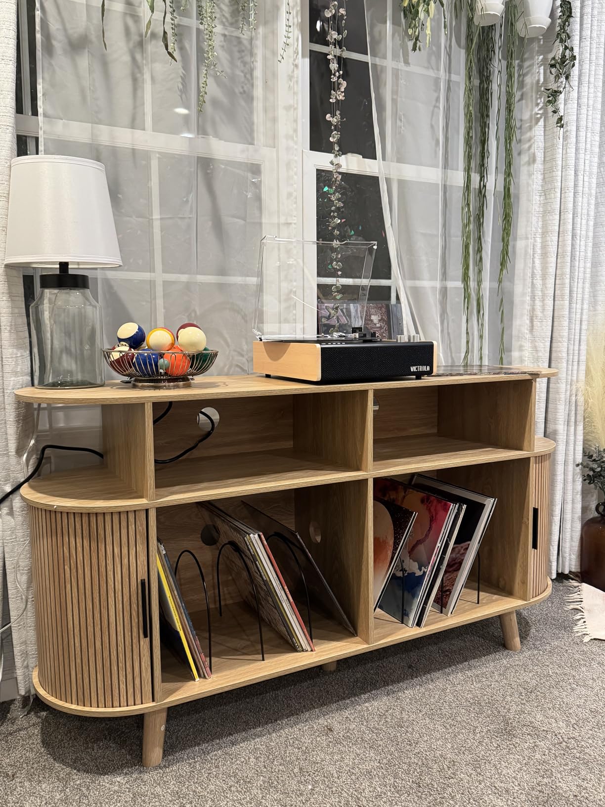 LUVIOHOME Large Round Record Player Stand with Charging Station & USB Ports, Record Storage Cabinet, Mid Century Modern Turntable Stand for Bedroom Living Room (Walnut) customer photo 2
