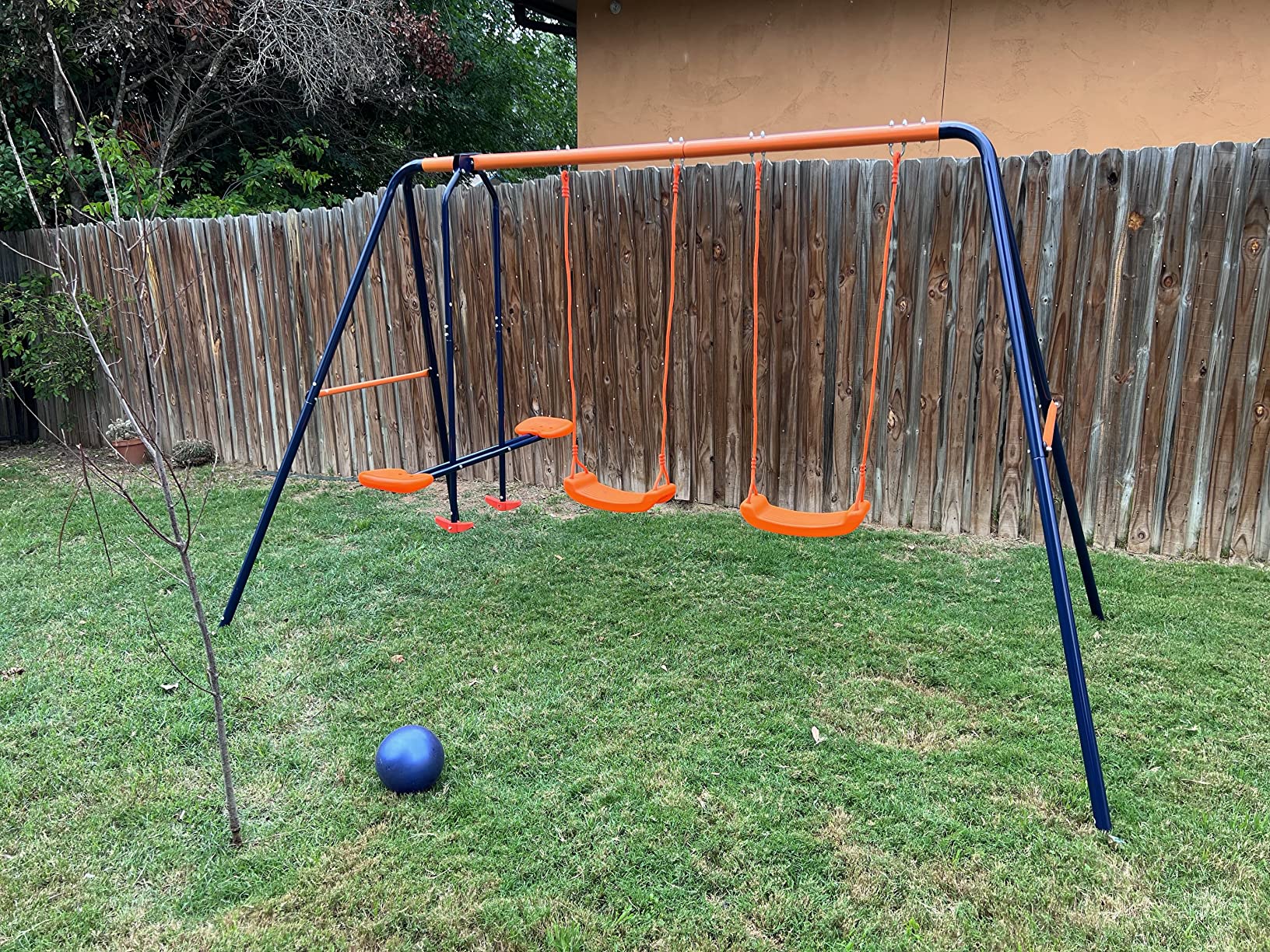 SUPER DEAL 6-in-1 Outdoor Swing Set for Kids, Heavy Duty Metal Playset with Adjustable Swings, Climbing Ladder, Rope Net, Swing Glider and Basketball Hoop, Backyard Playground Equipment for Ages 3-12 customer photo 2