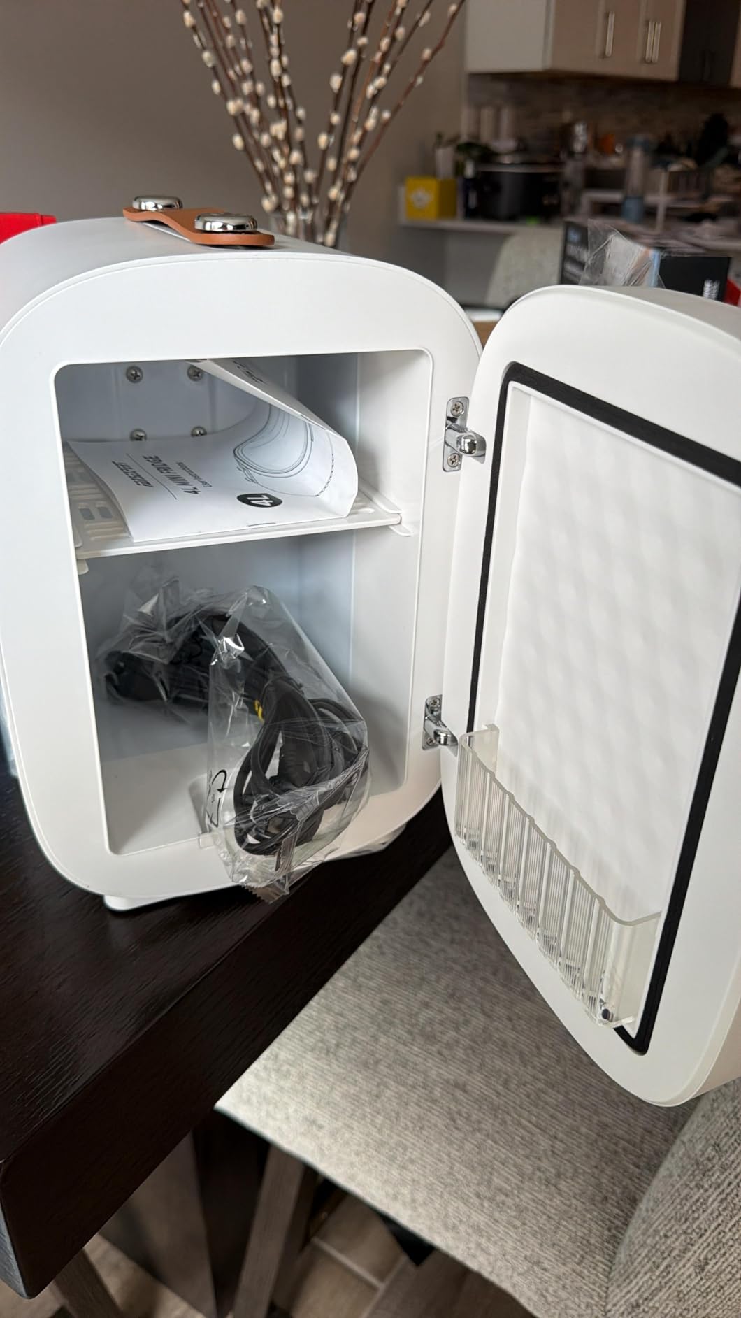 Mini Fridge for Bedroom, 4 Liter/6 Can Skincare Fridge With LED Mirror & Leather Carrying Handle, 12v AC/DC Cooler & Warmer Portable Small Refrigerator (White) customer photo 1