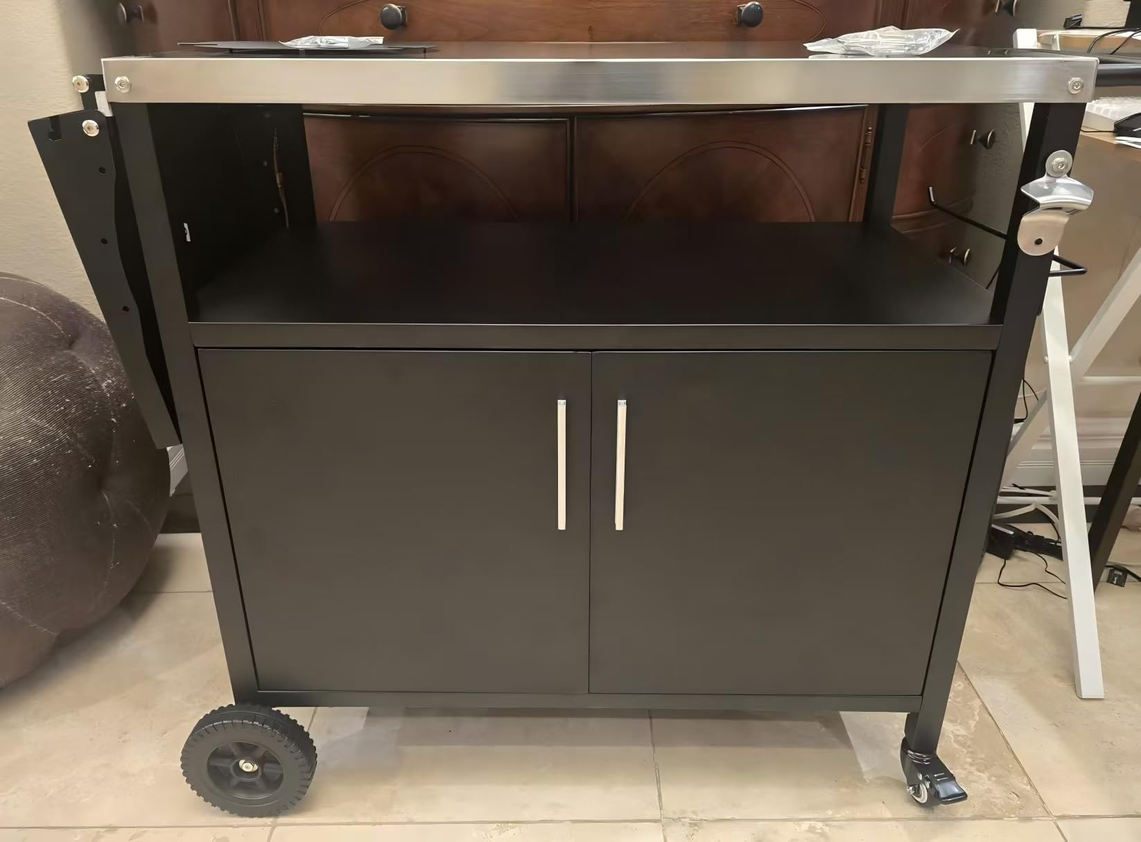 JY QAQA Outdoor Grill Cart with Storage, Patio Kitchen Island Outdoor Grill Table with Wheels, BBQ Cart Movable Pizza Oven Table Stand with Storage Cabinet, Foldable Tabletop (Black) customer photo 1