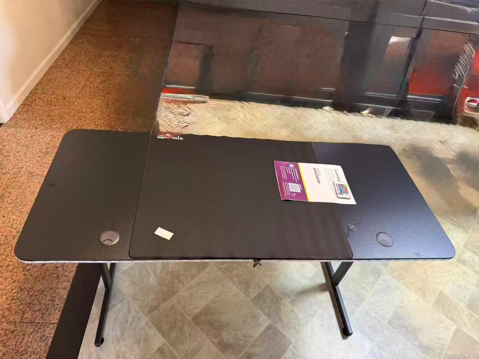GTPLAYER 55 Inch Gaming Desk with LED Lights, Large Computer Desk with Mouse Pad for Home Office, T-Shaped Carbon Fibre Surface PC Game Workstations with Headphone Hook customer photo 1