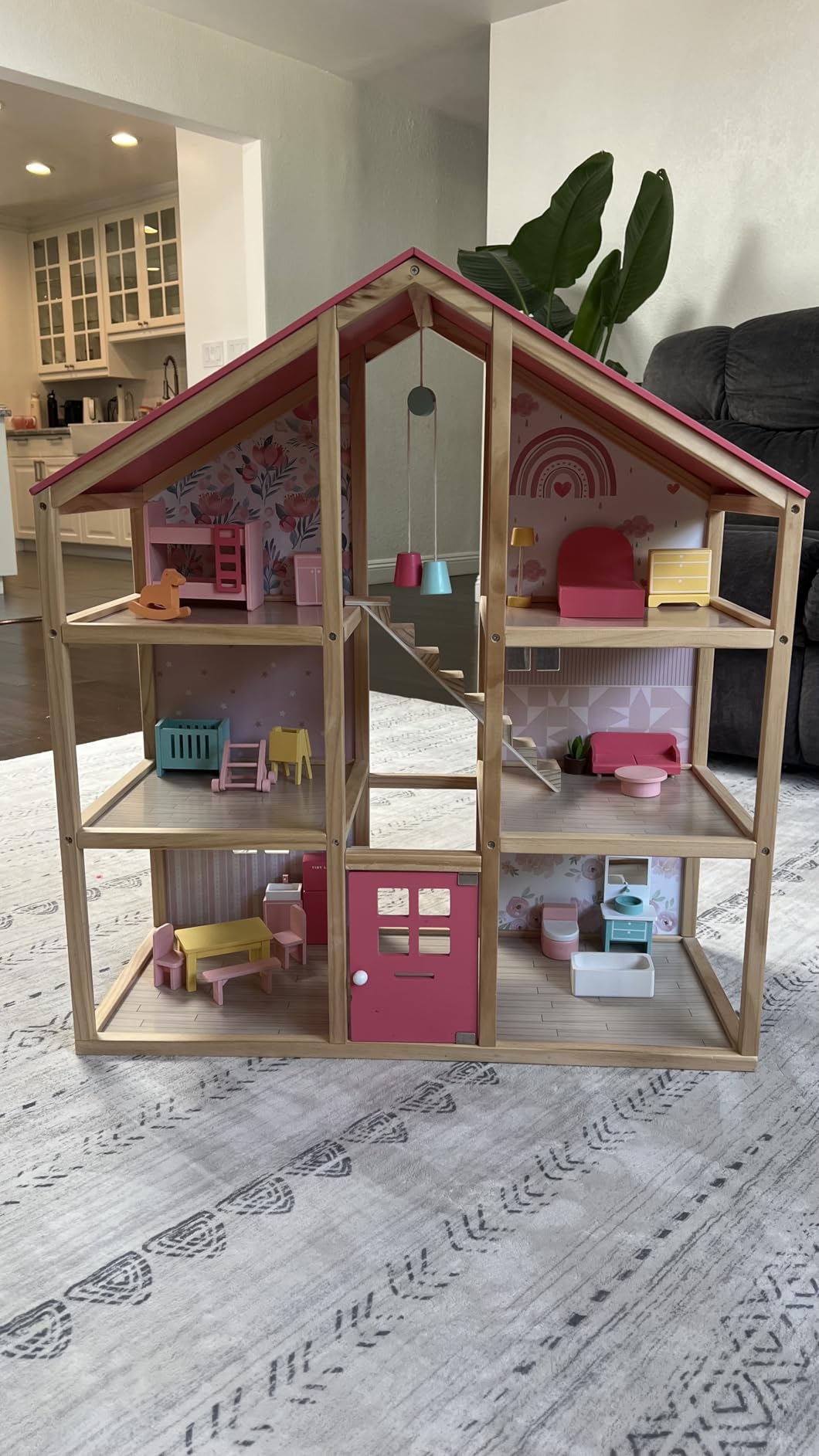 Tiny Land Wooden Dollhouse for Girls - 6 Rooms Wooden Doll House, DIY Pretend Doll House with 31Pcs Furniture Accessories, Creative Gift for Girl Ages 3+, Green customer photo 1