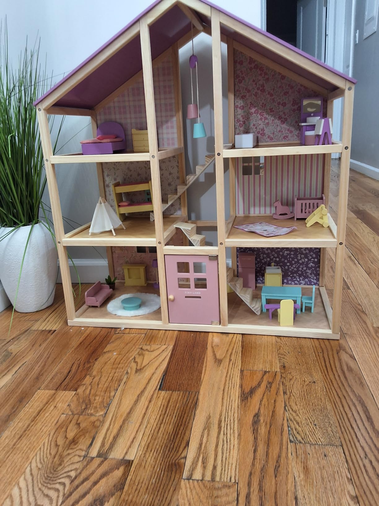 Tiny Land Wooden Dollhouse for Girls - 6 Rooms Wooden Doll House, DIY Pretend Doll House with 31Pcs Furniture Accessories, Creative Gift for Girl Ages 3+, Green customer photo 2
