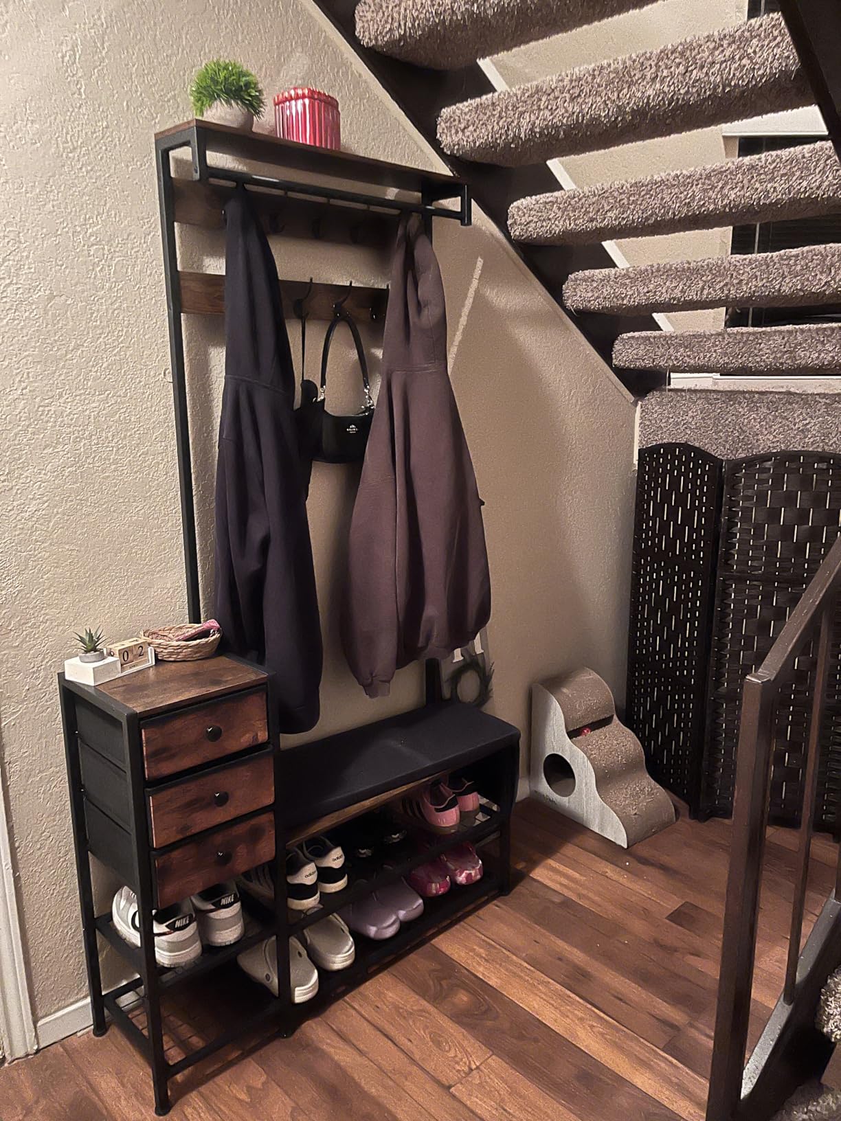 Itaar Coat Rack, Hall Tree with Bench and Shoe Storage, 7-in-1 Entryway Bench with Soft Cushion, Storage Bag, 3 Fabric Drawers(Rustic Brown) customer photo 1