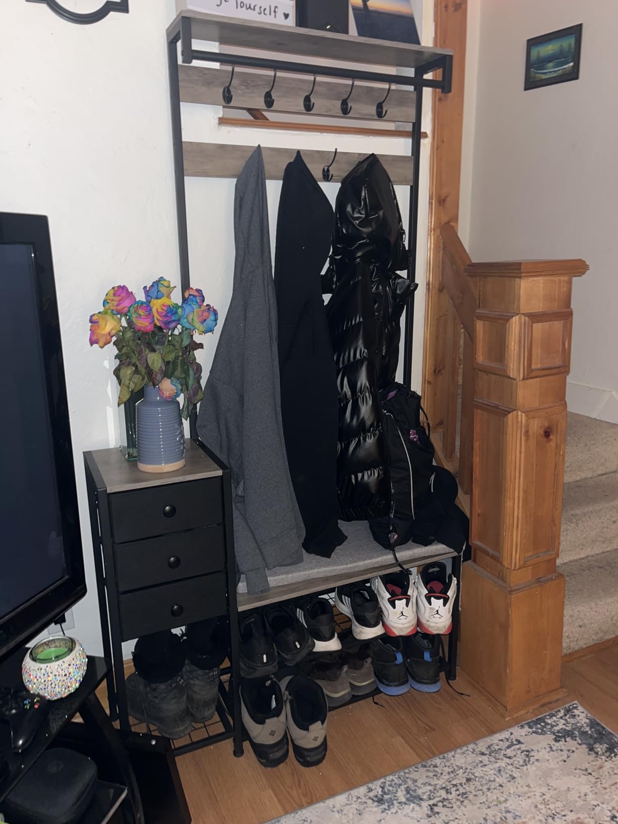 Itaar Coat Rack, Hall Tree with Bench and Shoe Storage, 7-in-1 Entryway Bench with Soft Cushion, Storage Bag, 3 Fabric Drawers(Rustic Brown) customer photo 2