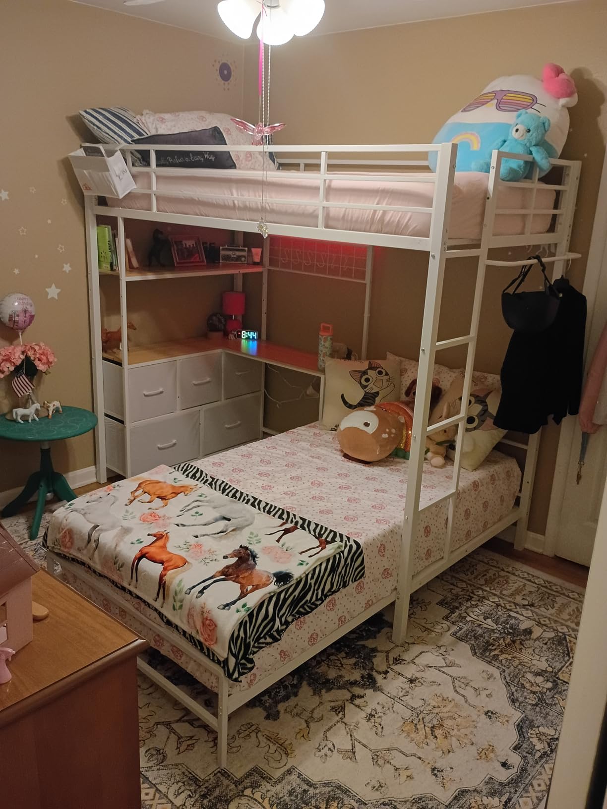 DICTAC Bunk Bed with L-Shaped Desk, 5 Storage Drawers and 2 Shelves Metal Twin XL Over Twin Bunk Bed with LED Lights and Charging Station, Bunk Beds with Safety Guardrail & Ladder, Space-Saving, Black customer photo 2