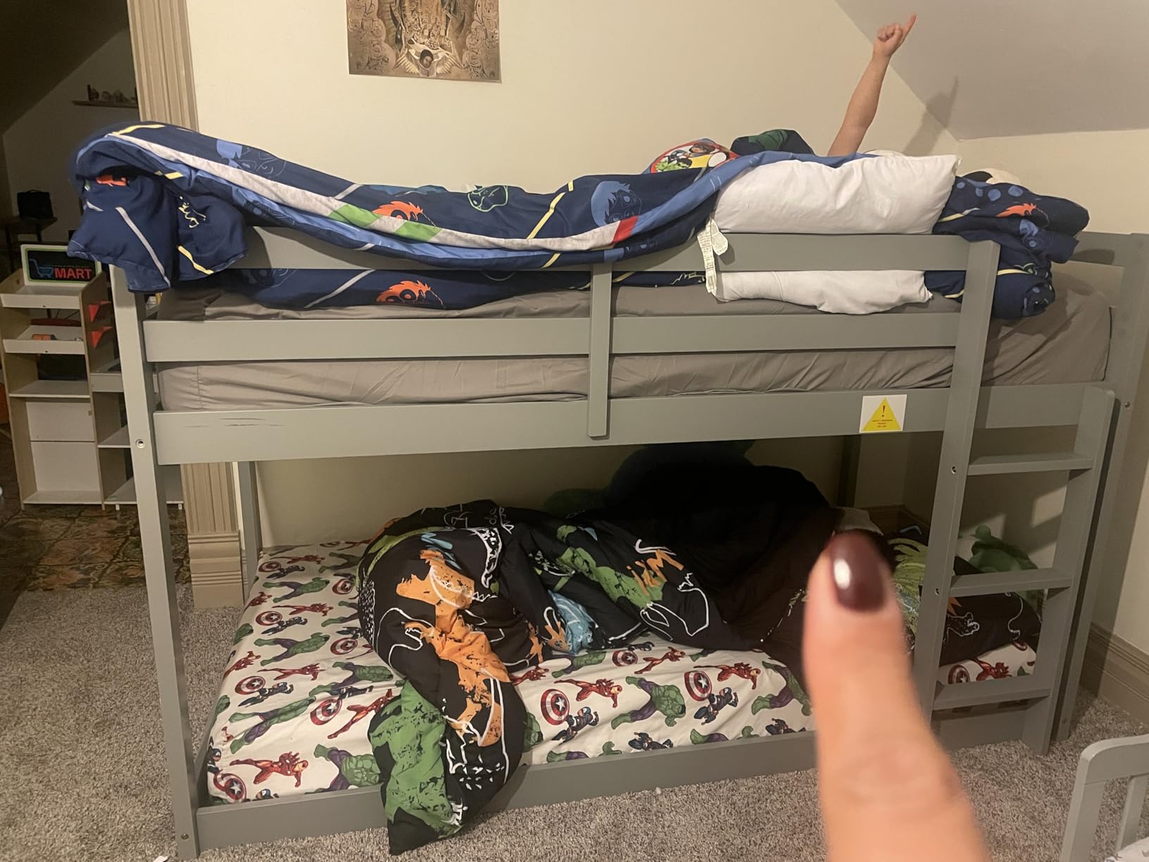 Low Bunk Bed Twin Over Twin, Solid Wood Floor Bunk Bed Frame with Ladder & Safety Guardrails, Twin Bunk Beds for Kids Boys and Girls, Saving Space, No Box Spring Needed, Gray customer photo 1