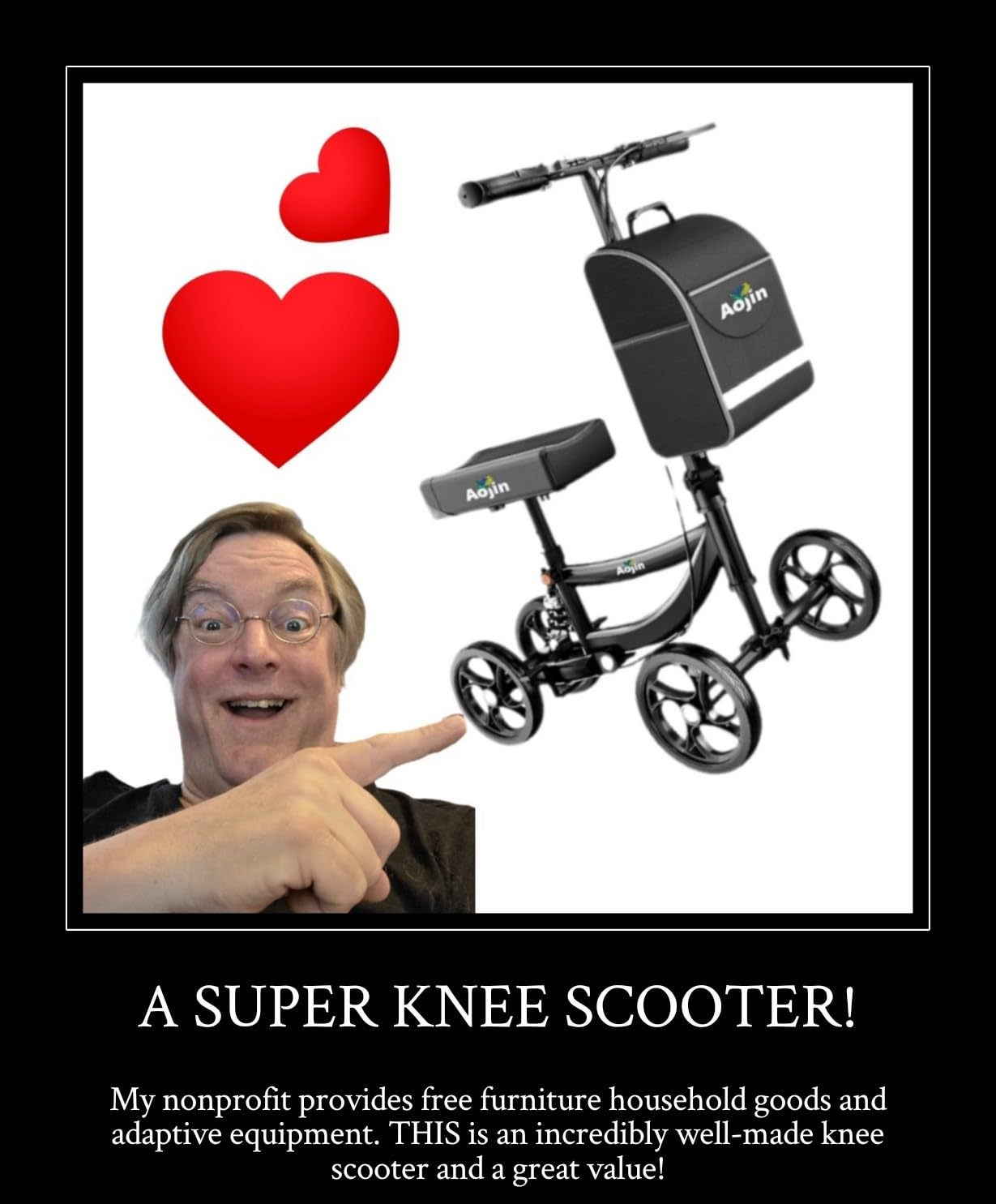 Aojin Knee Scooter for Adults for Foot Injuries, 300lbs Capacity, All Terrain Foldable Knee Scooter Walker with Bag, 13