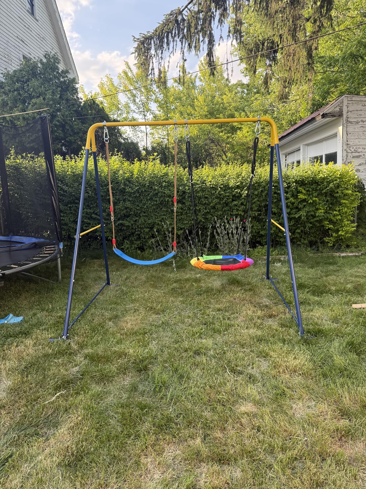 2-in-1 Swing Set for Backyard for Kids, with 1 Saucer Swing, 1 Belt Swing, 440lbs Metal Swing Set for Toddler, Heavy-Duty Swing Stand w/8 Ground Stakes, Outdoor Swingset for Kids Adults (Blue) customer photo 1