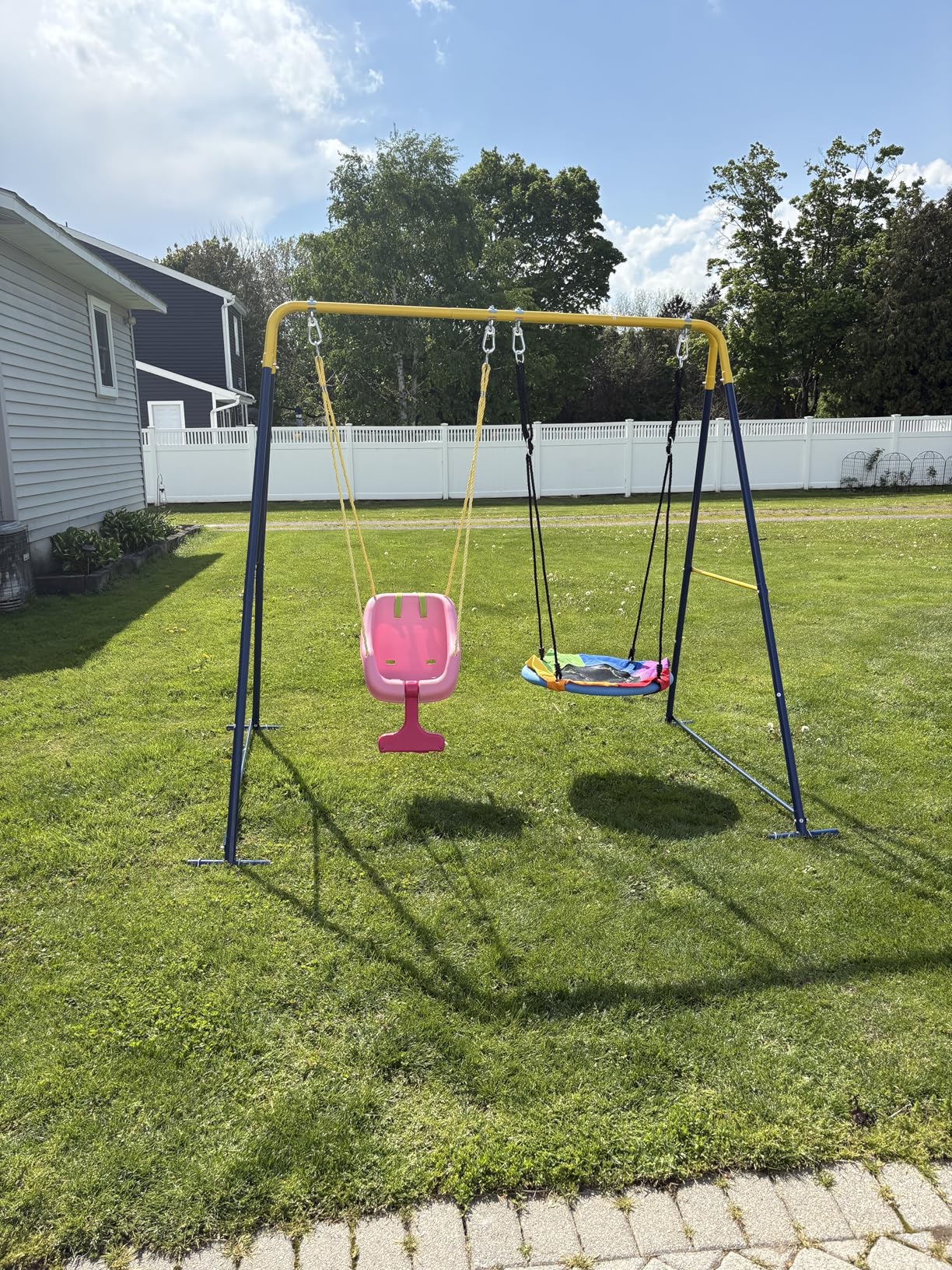 2-in-1 Swing Set for Backyard for Kids, with 1 Saucer Swing, 1 Belt Swing, 440lbs Metal Swing Set for Toddler, Heavy-Duty Swing Stand w/8 Ground Stakes, Outdoor Swingset for Kids Adults (Blue) customer photo 2