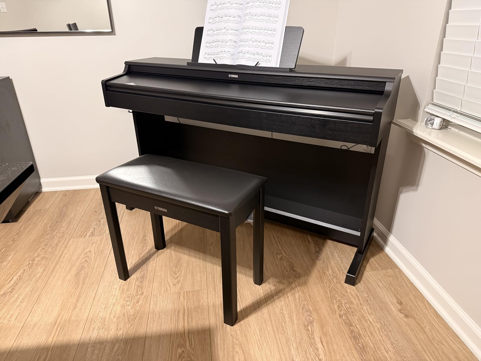 Yamaha YDP105 88-Key Weighted Action Upright Digital Piano for Beginner and Intermediate Players, Dynamic Response, Grand Piano Sound, 3-pedal Unit, Bench Included, White customer photo 1