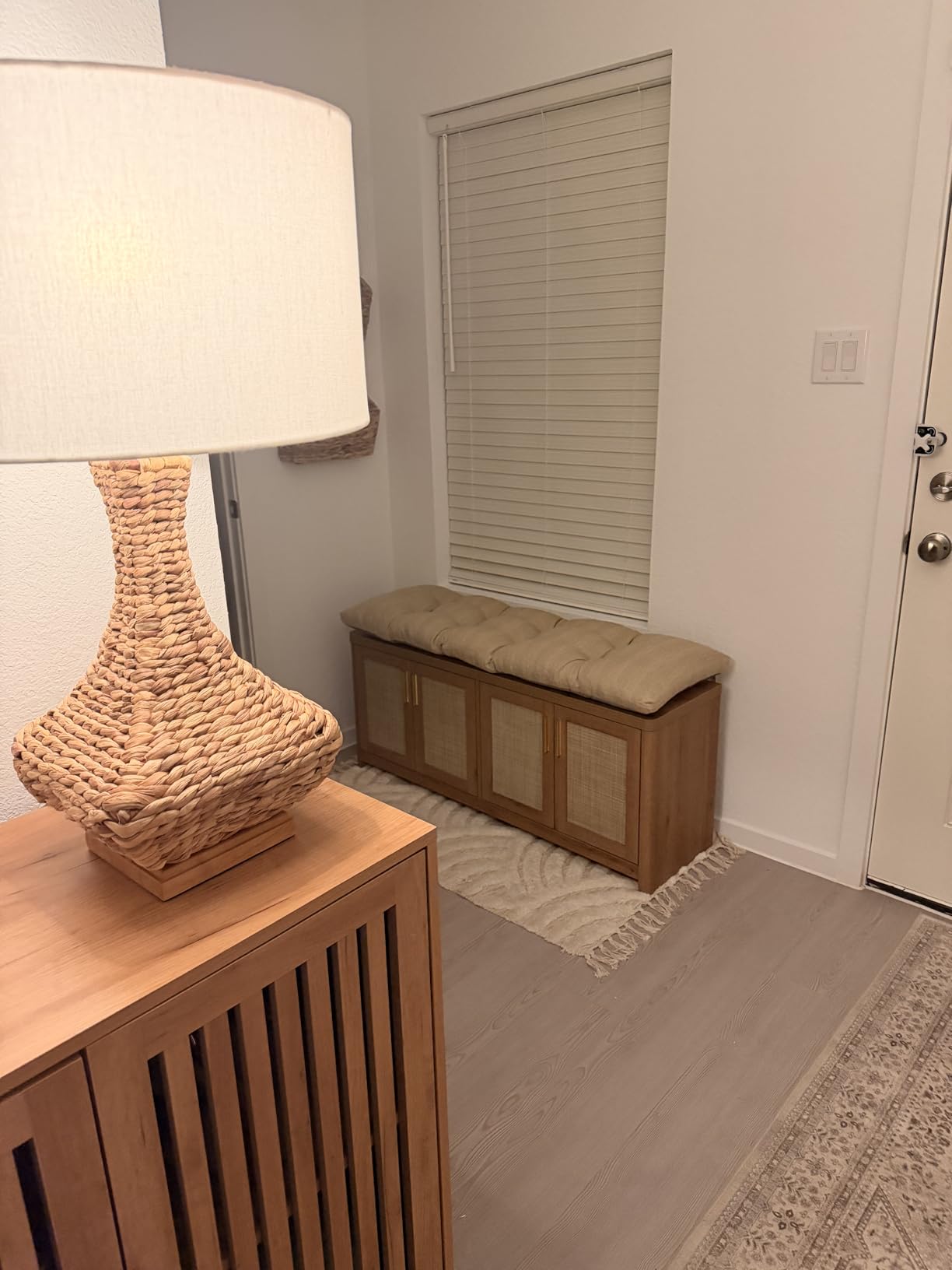 VASAGLE ELLAN Collection - Boho Shoe Bench with Cushion, Entryway Storage Bench with 2 Rattan-Look Cabinet Doors, Rounded Corners, Adjustable Shelf, for Bedroom Under Window, Natural Brown ULSB501KC01 customer photo 1