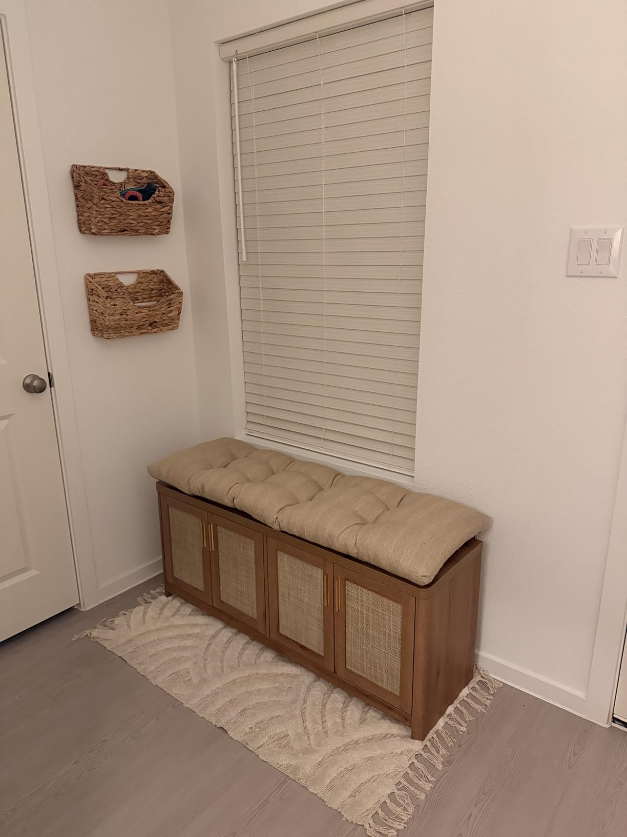 VASAGLE ELLAN Collection - Boho Shoe Bench with Cushion, Entryway Storage Bench with 2 Rattan-Look Cabinet Doors, Rounded Corners, Adjustable Shelf, for Bedroom Under Window, Natural Brown ULSB501KC01 customer photo 2