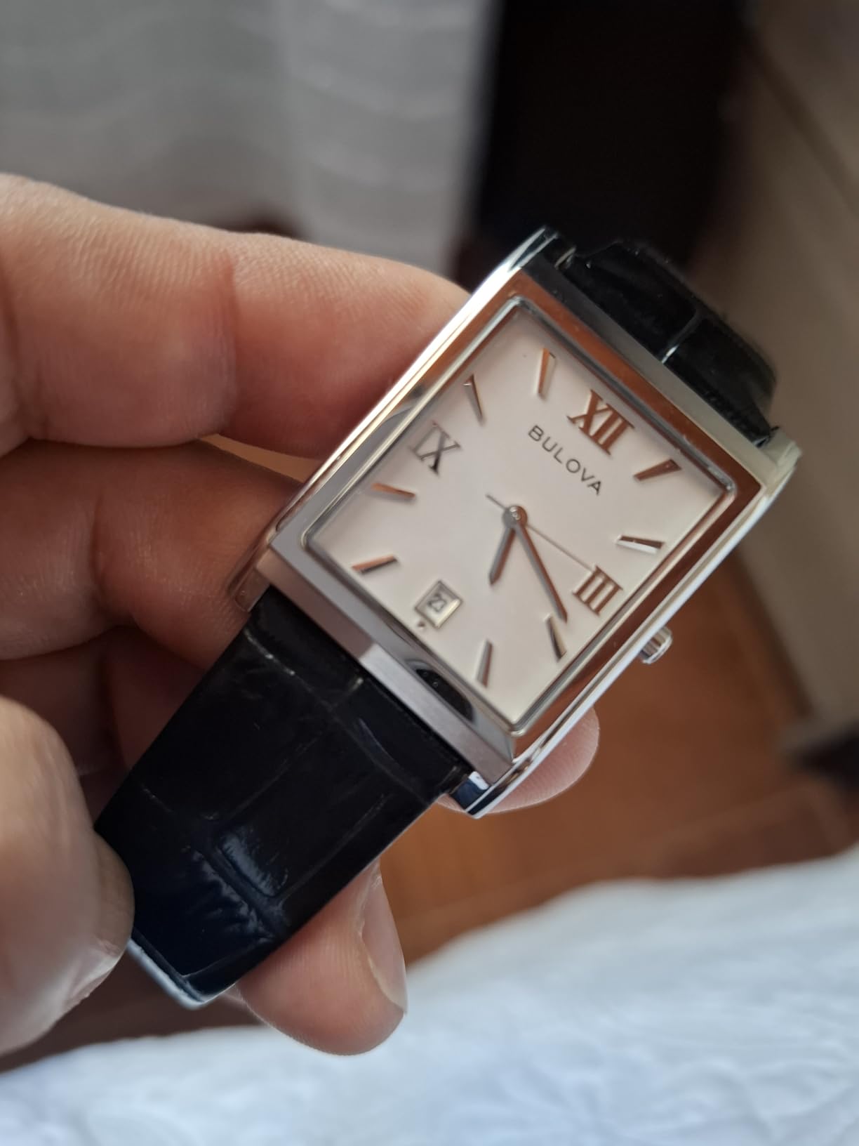 Men's Stainless Steel 3-Hand Calendar Date Quartz Watch with Black Leather Strap, Rectangle Dial Style: 96B107 customer photo 1