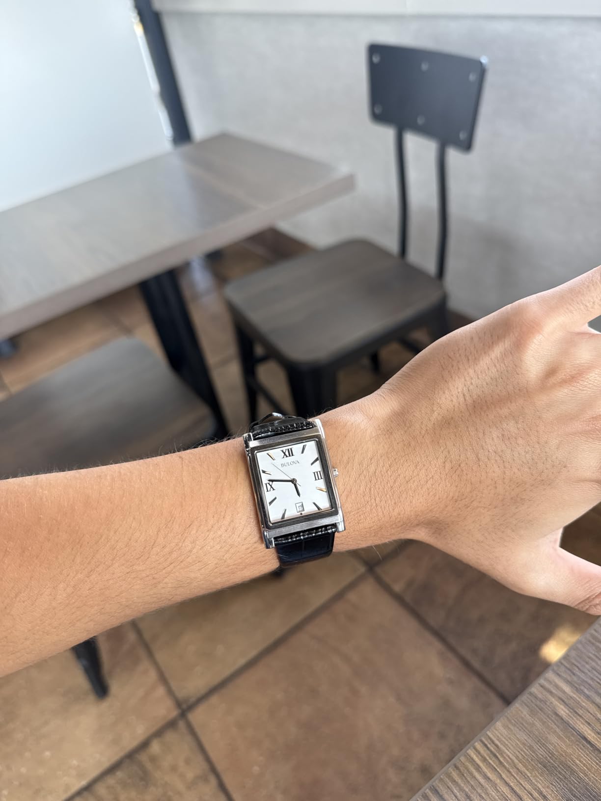 Men's Stainless Steel 3-Hand Calendar Date Quartz Watch with Black Leather Strap, Rectangle Dial Style: 96B107 customer photo 2
