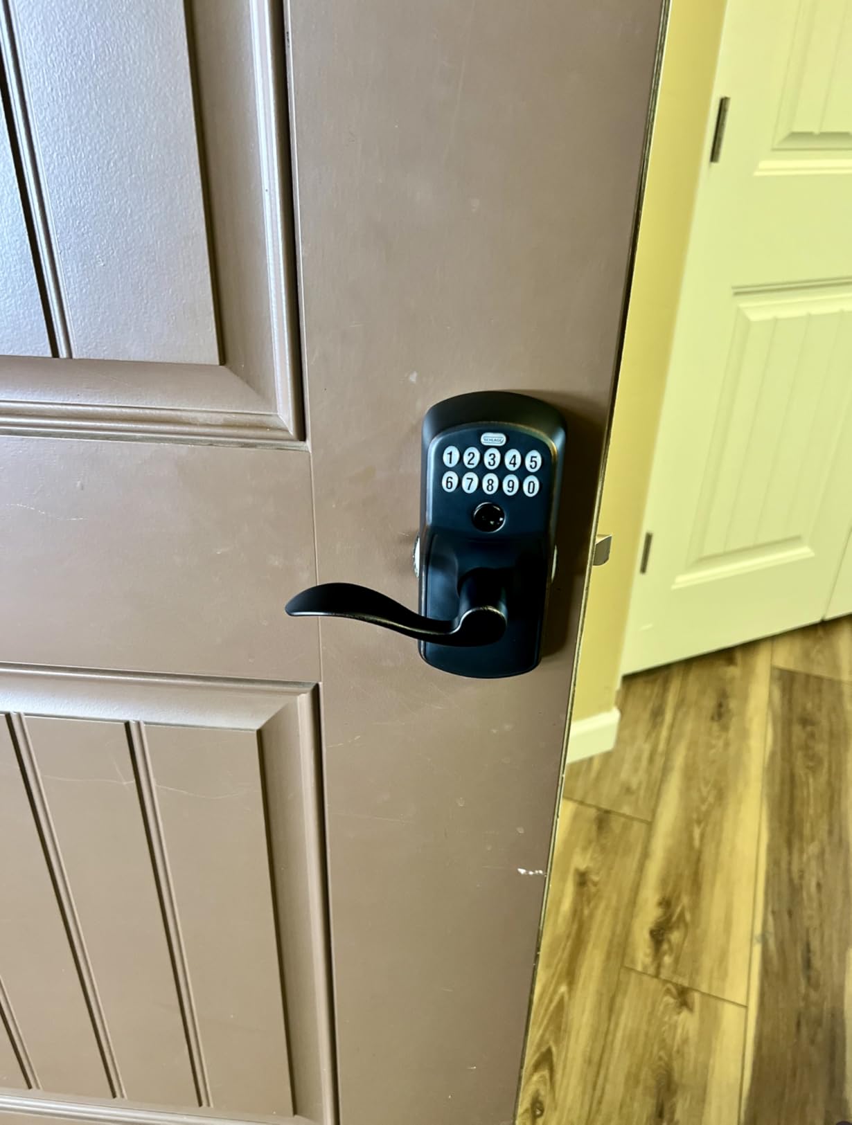 Schlage Plymouth Keypad Lock with Lever Handle, Electronic Keyless Door Entry, Flex Lock Auto-Lock Option, Aged Bronze, FE595 PLY 716 ACC customer photo 1