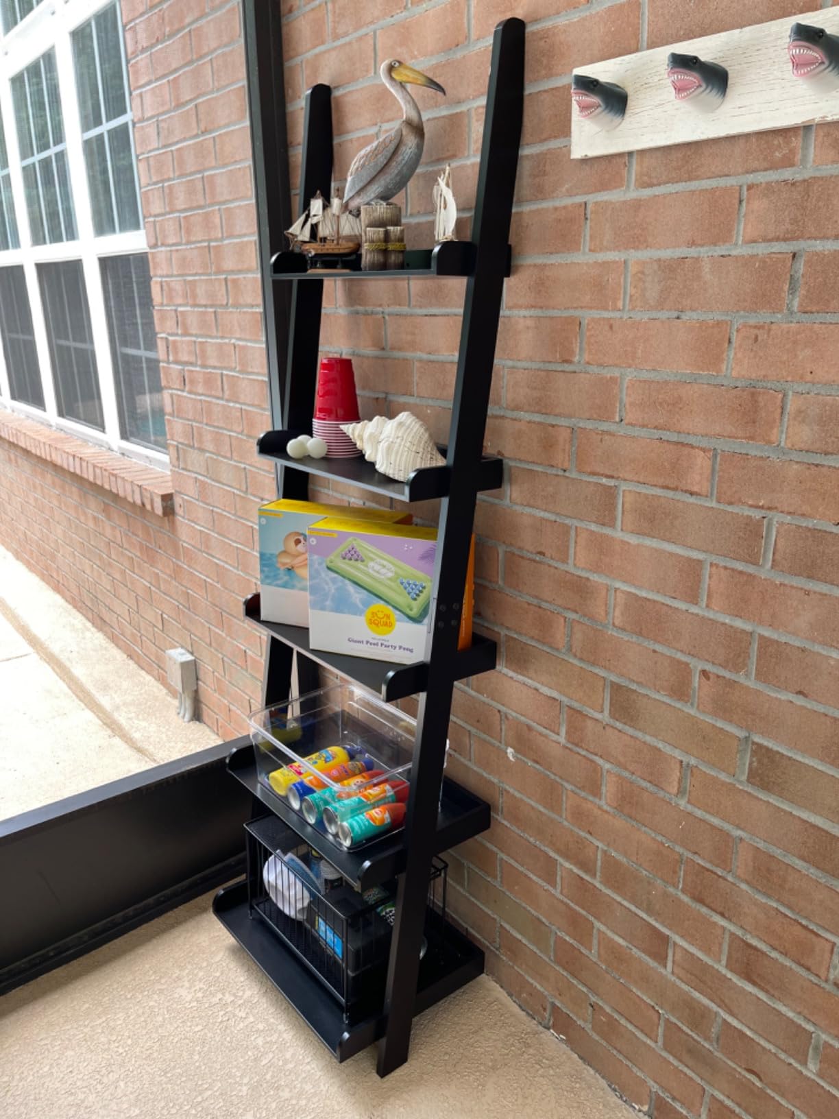 Modern 5 Tier Leaning Wall Ladder Bookshelf, Black, 70 Inches | Storage Rack, Organizer customer photo 2