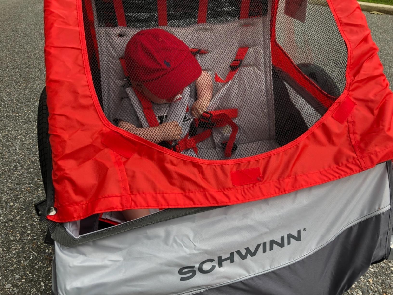 Schwinn Trailblazer Double Child Bike Trailer, Max of 2 Children with Total Weight of 80 lbs., Canopy, 20-Inch Air-Filled Tires, Red customer photo 2
