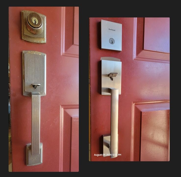 Kwikset San Clemente Front Door Lock Handle and Deadbolt Set, Entry Handleset Exterior with Interior Reversible Lever, Satin Nickel, Pick Resistant SmartKey Rekey Deadbolt Security customer photo 1