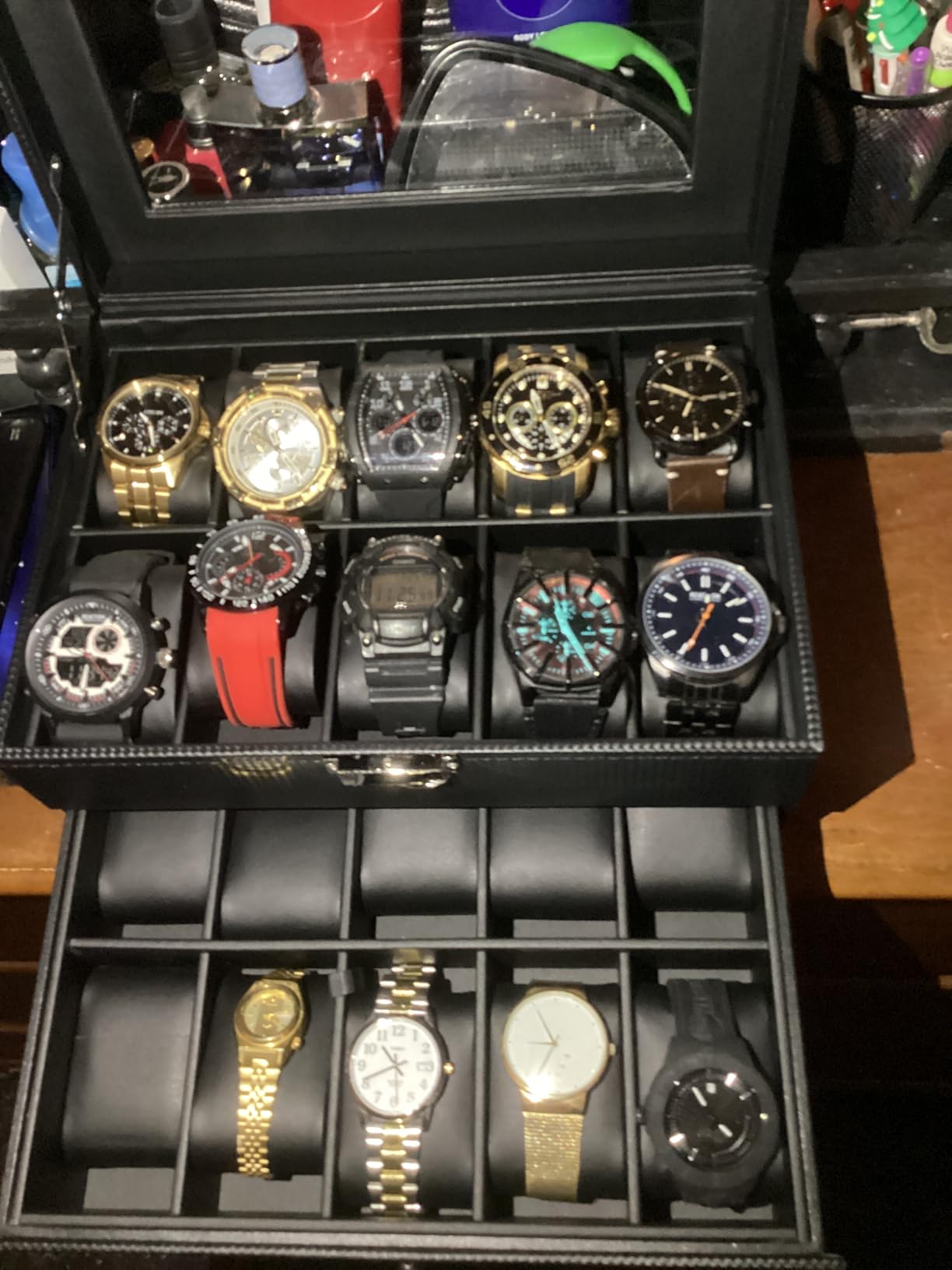 BEWISHOME Watch Box, 20-Slot Watch Cases for Men with Large Glass Lid, Watch Case with Removable Watch Pillows, Synthetic Leather, Watch Storage Organizer Box, Black SSH04B customer photo 1