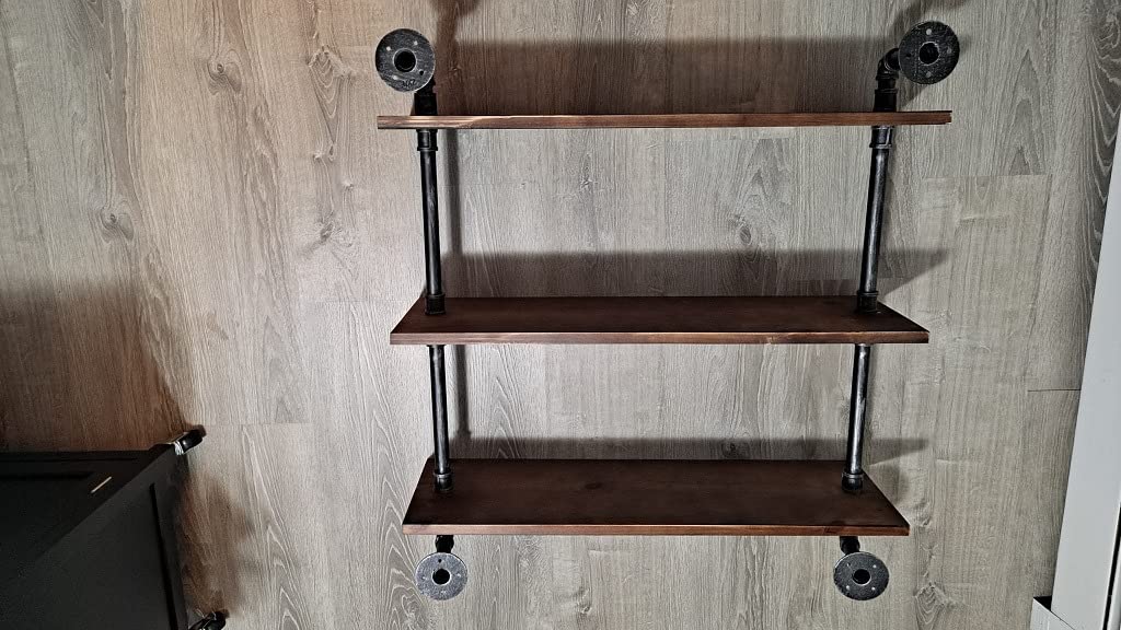DR.IRON Industrial Pipe Shelves Wall Shelving Rustic Wood Shelf Storage Shelves 3 Tiers Wall Mount Pipe Design DIY Shelf Retro Wall Shelving (Black, 24