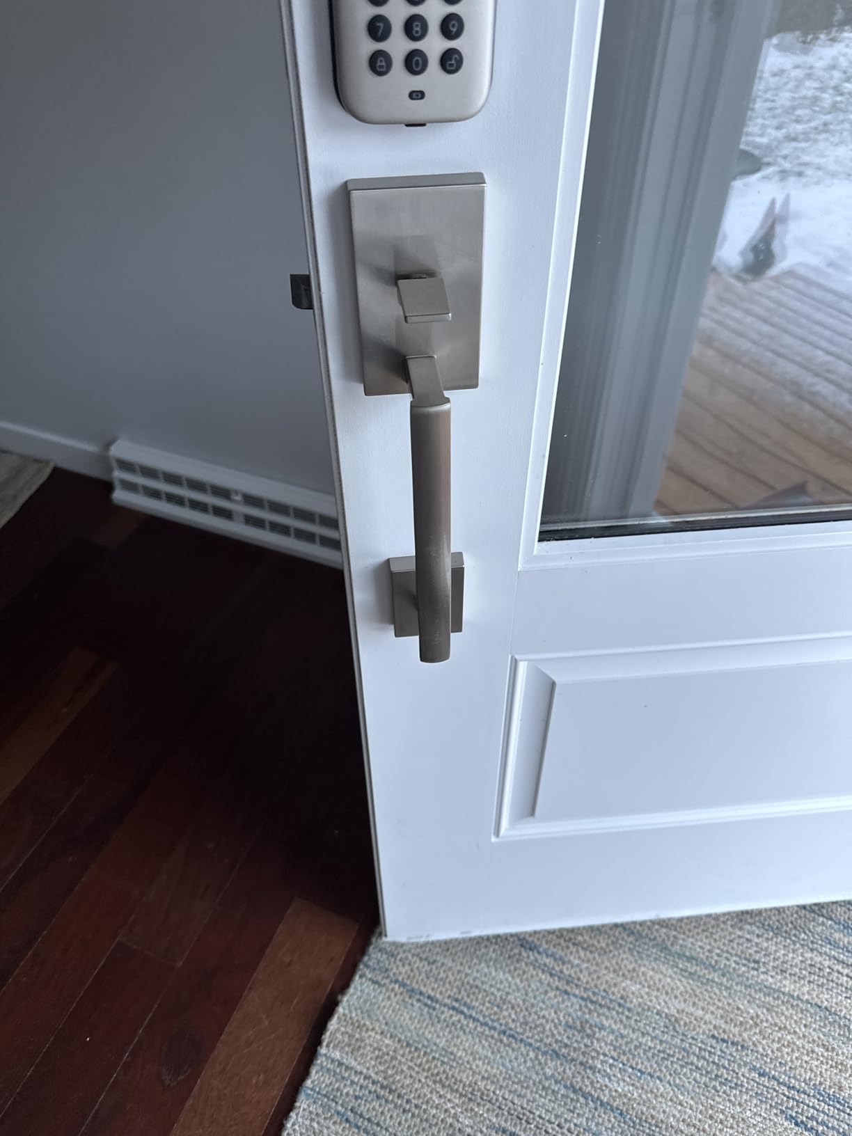 Kwikset San Clemente Front Door Handle No Lock, Entry Handleset Exterior with Interior Reversible Handed Lever, Non-Locking, Satin Nickel, Deadbolt Not Included, with Microban Protection customer photo 1