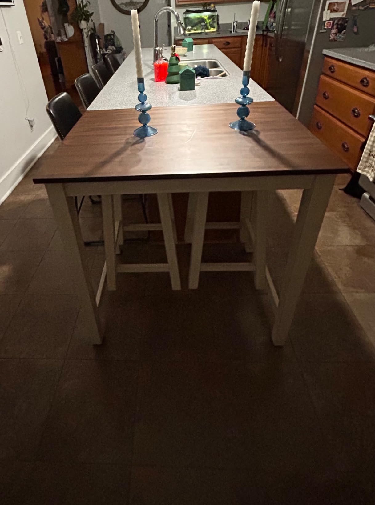 Giantex 3 Piece Pub Dining Set, Counter Height Pub Table with 2 Saddle Bar Stools, Tavern Collection Table Set for Living Room, Kitchen, Small Space (Brown & Milky White) customer photo 1