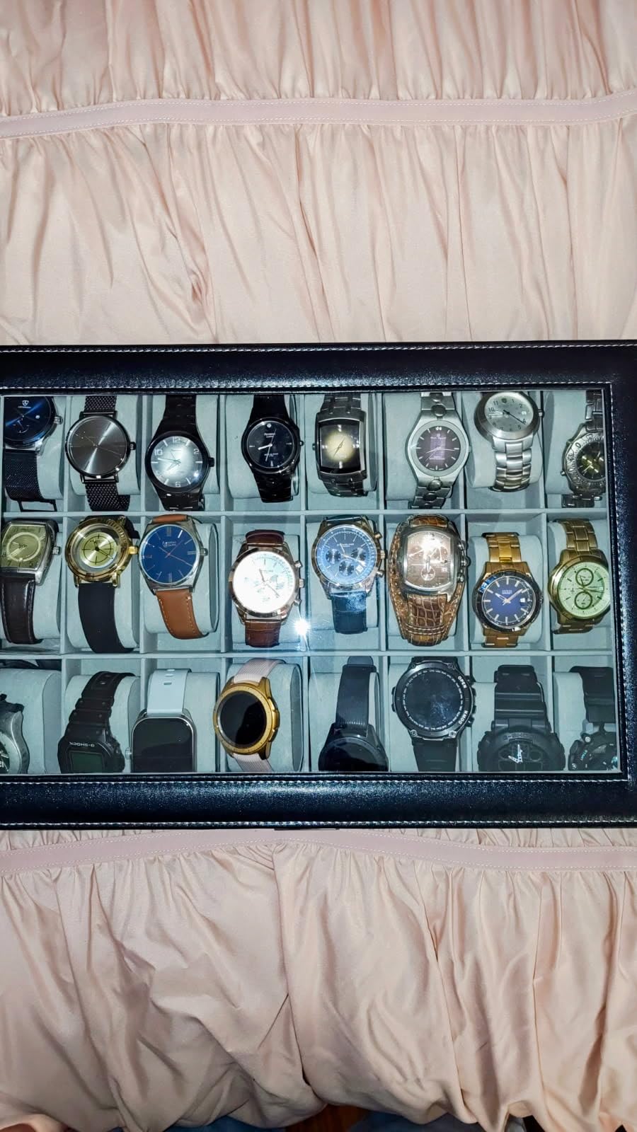 FLKQC 24 Slots Watch Box | Watch Case Display Organizer, Watch Display Case Glass Top for Men Women PU Leather Display Storage Collection Organizer Jewelry Case with Removable Pillows customer photo 2