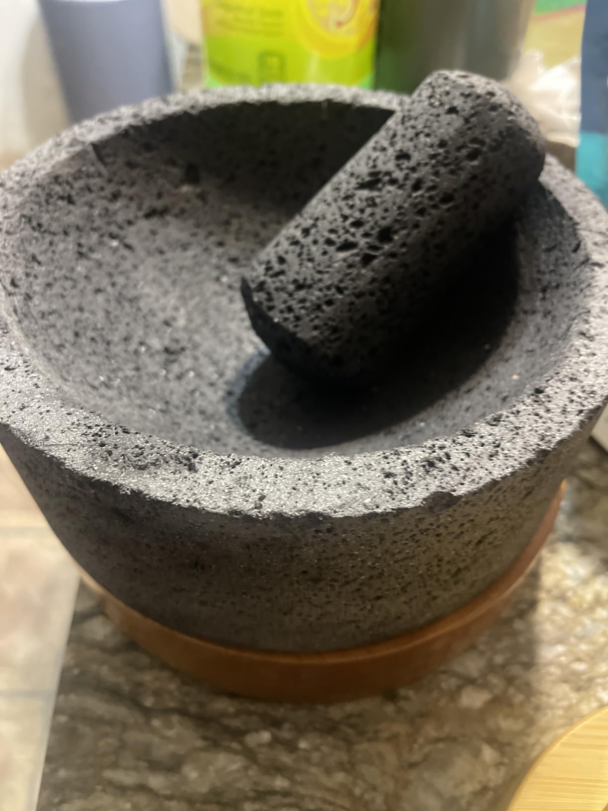 YO PIDO Molcajete 8 in with Wood Stand ; Spice Mortar; Made with Volcanic Stone; Molcajete Handmade in Mexico; Guacamole and Salsa Maker; Includes Pestle Stone customer photo 1