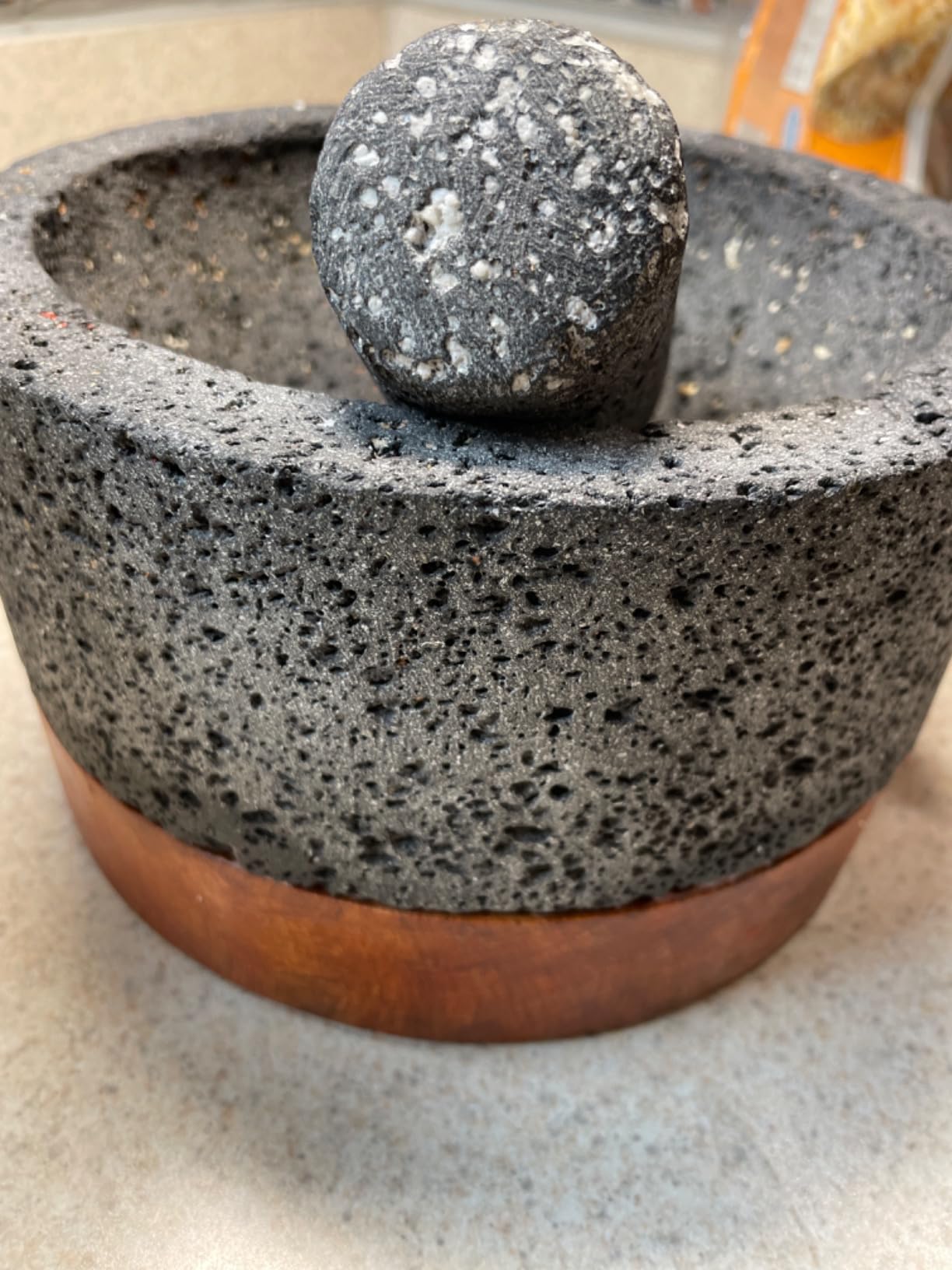 YO PIDO Molcajete 8 in with Wood Stand ; Spice Mortar; Made with Volcanic Stone; Molcajete Handmade in Mexico; Guacamole and Salsa Maker; Includes Pestle Stone customer photo 2